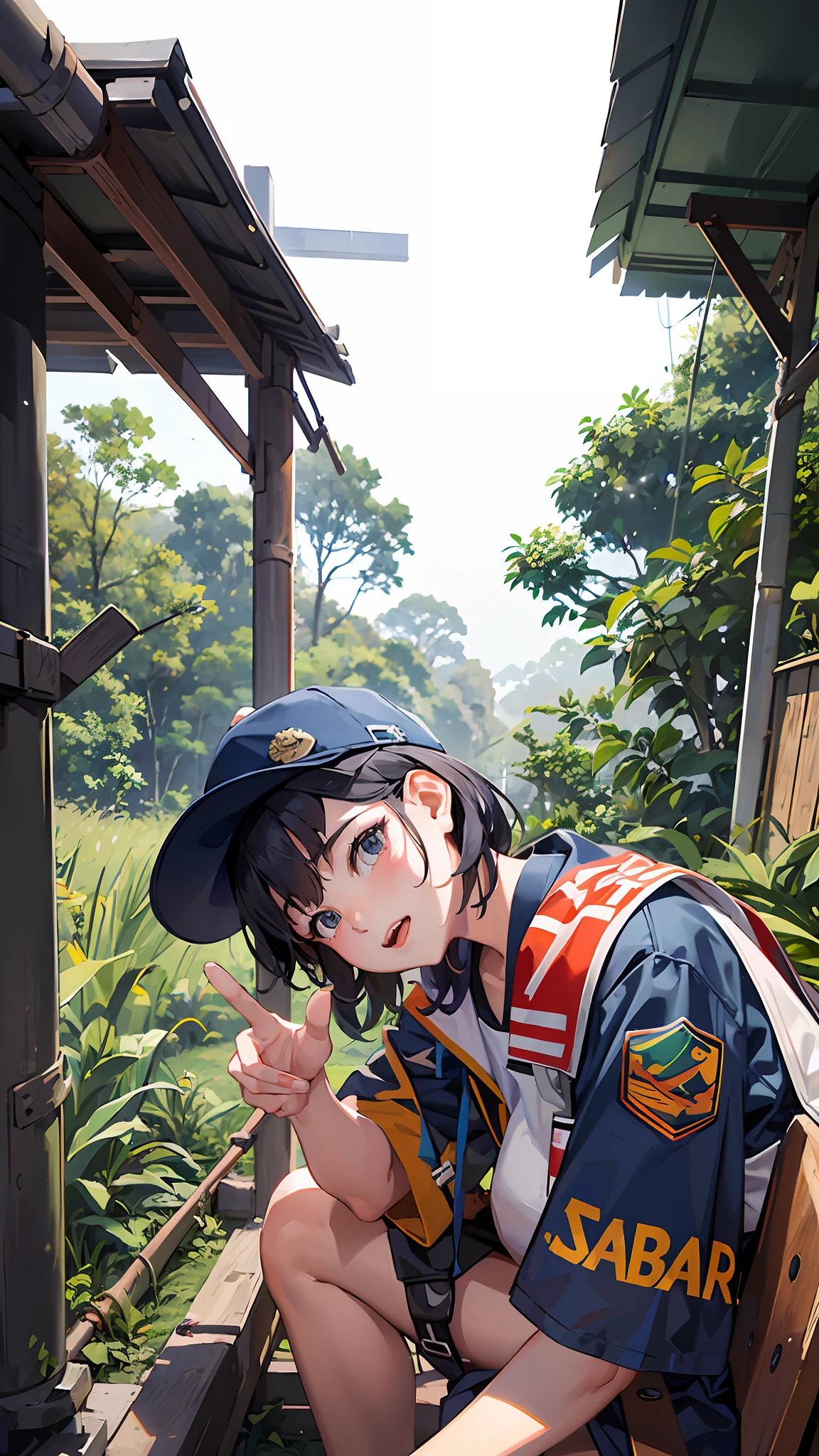 woman in uniform sitting on a bench with a baseball bat, scout boy, with funny feeling, shooting pose, taken with the best dlsr camera, 😃😀😄☺🙃😉😗, in jungle forest !!!, during dawn, during sunset, not blurry, taken with sony alpha 9, cute:2, sleepy expression, photoshot
