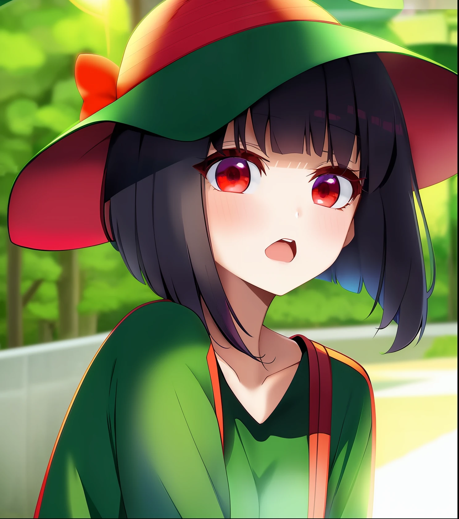 Anime girl with red eyes in hat and green shirt, Anime visuals of cute girls, anime visual of a young woman, anime moe art style, today's featured anime still, shuushuu anime image, an anime girl, Still from TV anime, (Anime Girl), closeup Iwakura Lain, young anime girl, Anime Best Girl