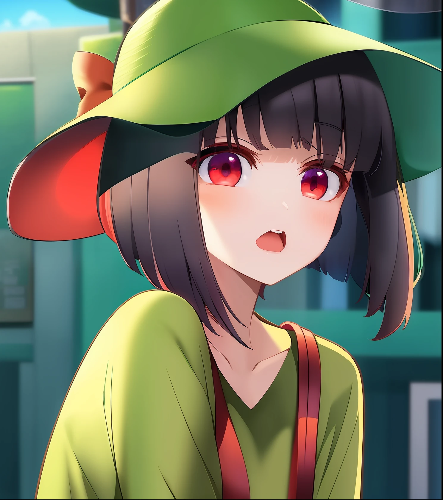 Anime girl with red eyes in hat and green shirt, Anime visuals of cute girls, anime visual of a young woman, anime moe art style, today's featured anime still, shuushuu anime image, an anime girl, Still from TV anime, (Anime Girl), closeup Iwakura Lain, young anime girl, Anime Best Girl