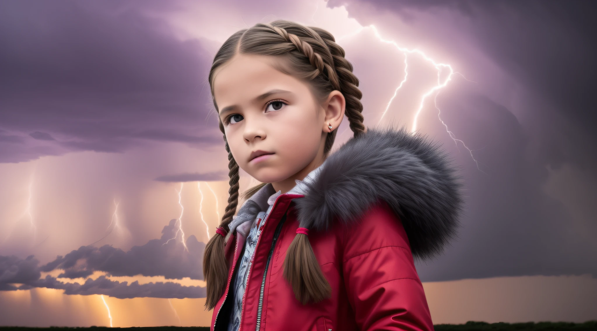 Girl , Russian ruivas in braids, com roupa de jaqueta de couro vermelha, fundo storm, ride into the storm, thunderbolt.