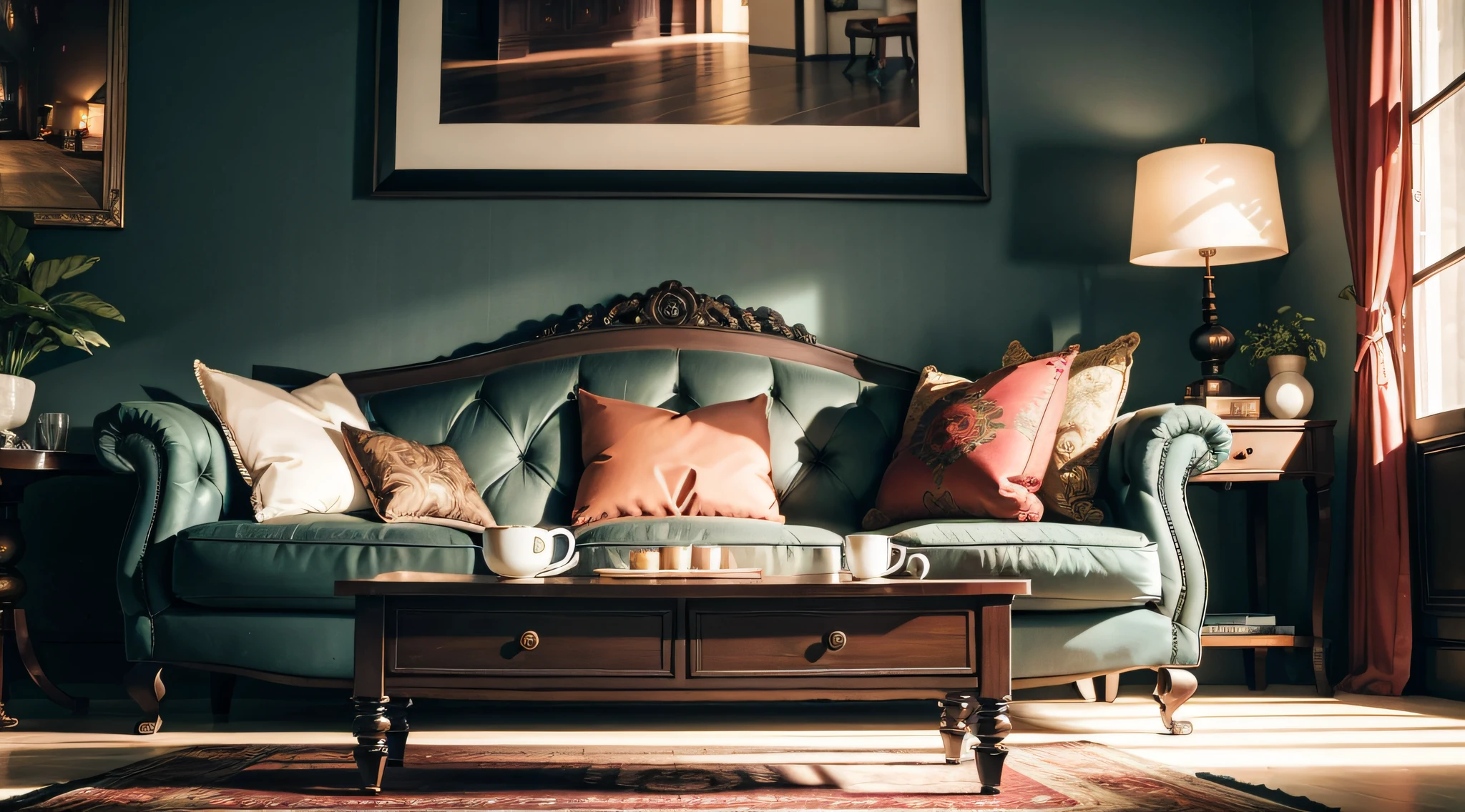 liveroom,There is a coffee table in front of the sofa,Decorative painting hanging on background wall,There is a plush carpet on the floor,Close-up,Wong Kar-wai film style,