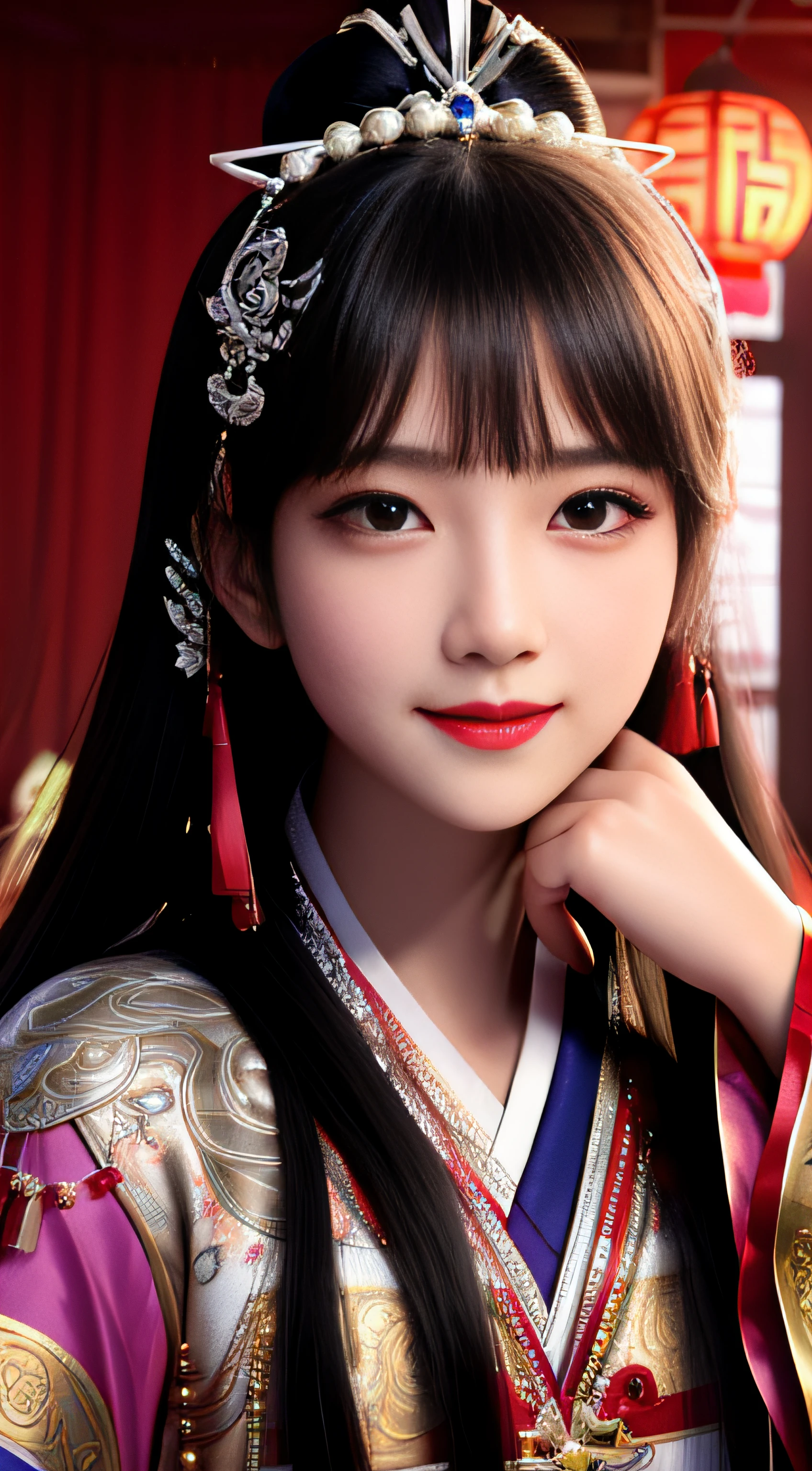 Yang Kwei-hui (Queen of China),best quality, masterpiece,Upper body, Attic, theatre stage,1 girl, mature woman, chinese style, ancient china, sister, dancer, smile, black hairr, princess cut, a Fried Dough Twists braid, coiled hair, double ball head,streamers, light pink lips, calm, intellectual, red eyes, tassels, silver thread, beads, flowers, gowns, capes, silk skirts, embroidery, fine face, facial close-up, hand close-up,Colorful clothes,Beautiful face,photorealistic, rim lighting, two tone lighting,(high detailed skin:1.2), 8k uhd, dslr, soft lighting, high quality, volumetric lighting, Photograph, high resolution, 4k, 8k, Bokeh