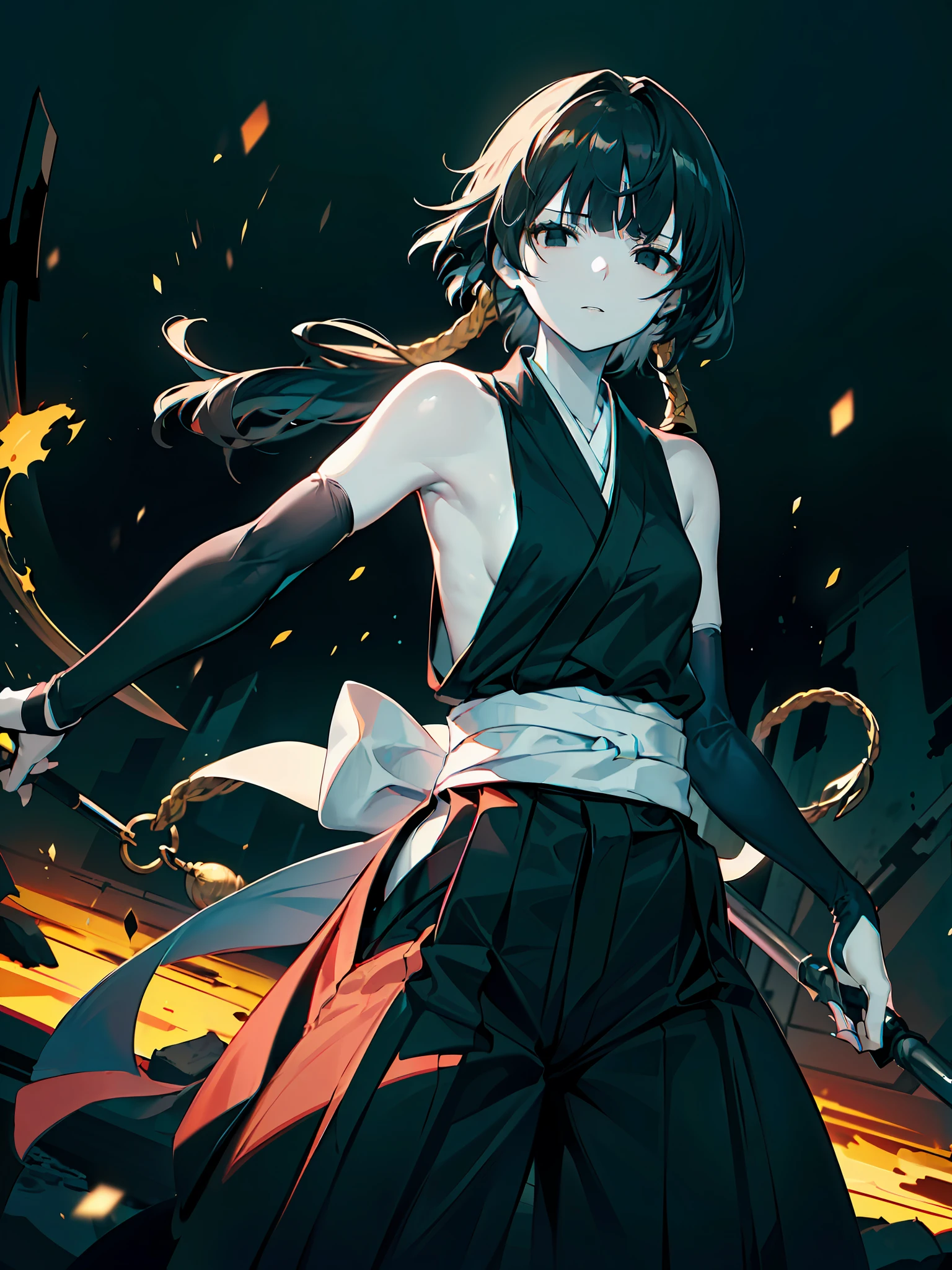 ((masterpiece)), (pale skin:1.3), (bokeh effect), (dynamic angle), (dynamic pose:1.1), (sharp eyes:1.2), (1girl:1.2), (black hakama:1.3), (short hair:1.1), dark hair, (hair with long locks:1.3), (blunt bangs:1.1), armpits, (bare back:1.1), (elbow gloves:1.3), (bare shoulders:1.3), (solo:1.3), (black eyes:1.2), (narrowed eyes:1.4), ((bold outline))