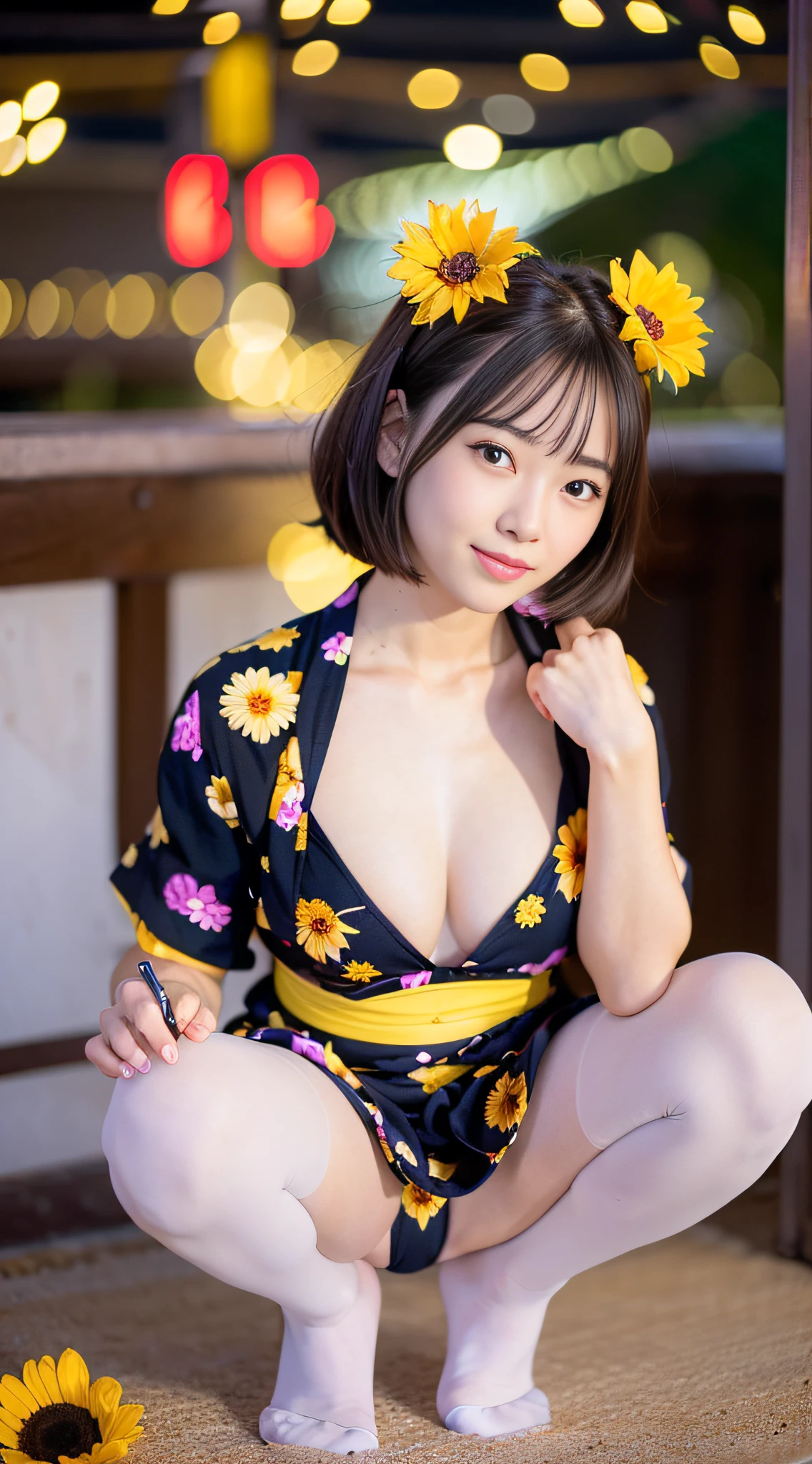 Best Quality, masutepiece, 超A high resolution, (Photorealistic:1.4), Raw photo,8K, full body Esbian、full-shot、SFW、Beautiful Japan girl in the image of a geisha with big bright blue eyes and long fluffy eyelashes and fluffy wavy bob-cut wheat-colored hair with a graceful figure,、Squat across the beach towards the fireworks、Yellow and Japan shoes gatte color yellow、 ((Girls' yukata is、Sunflower appliqué and cherry embroidery))、Colossal tits、The scene is very artistic、In high resolution、The focus is clear and、、、、Artistic style of the Migiorni V5、hyperphotorealism、perfectly proportions、the golden ratio、f lare、outlines、 soft glow、softfocus、Photography Techniques Monocle、(Fireworks at night:1.4)、Beautiful starry sky:1.2、(night seaside:1.3)、((Don't get naked:1.5))、Lovely smile、(White pantyhose:1.4)、(Close the front of the yukata:1.4)、(White panties:1.2)、((No text:1.3))、((No logo:1.3))、((Squats with legs spread wide:1.4))、((Yellow with floral bra:1.3))