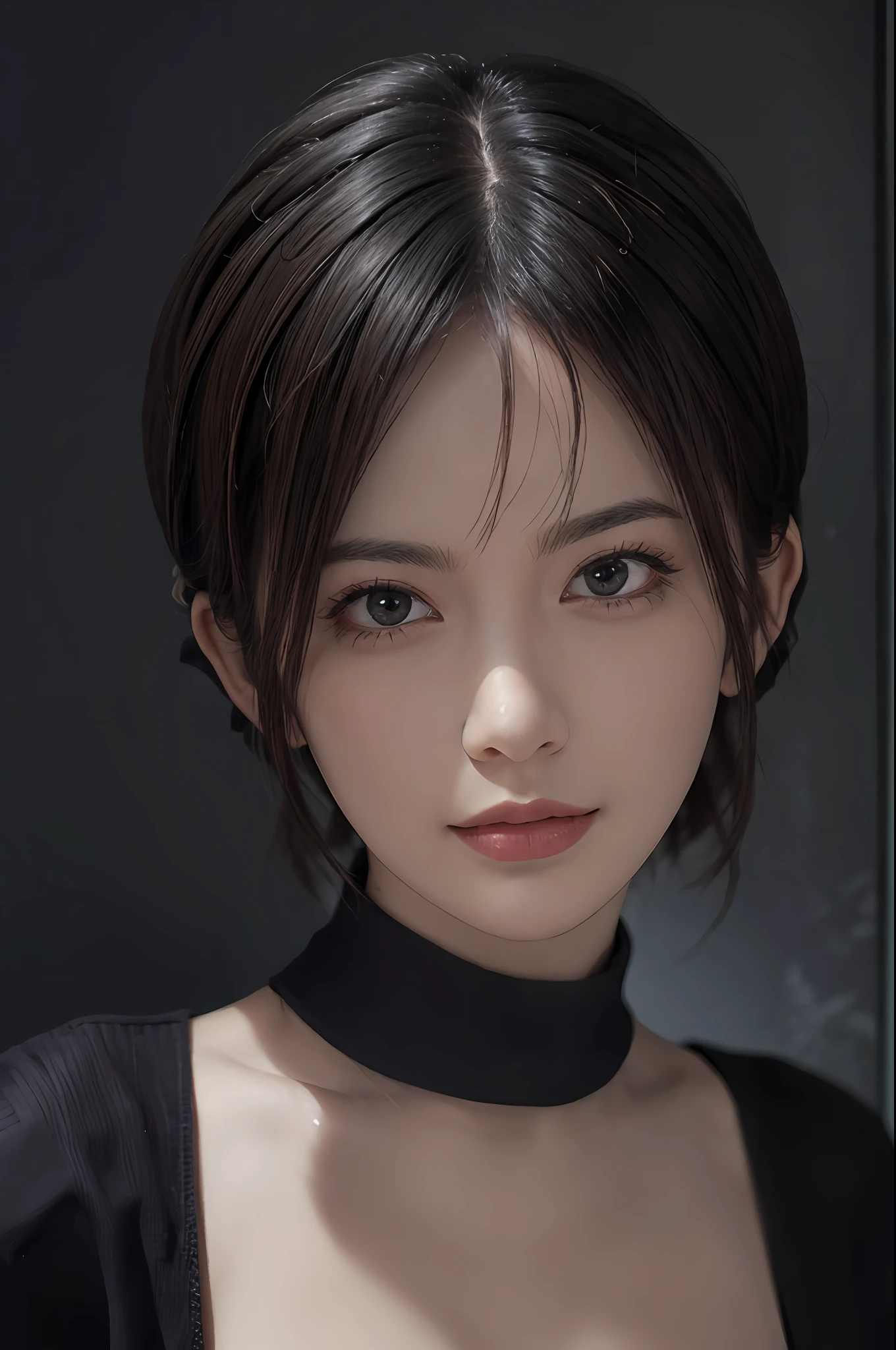 (Masterpiece: 1.3), (8k, Photorealistic, RAW Photo, Best Quality: 1.4), (1girl), Beautiful Face, (Realistic Face), (Black Hair, Short Hair: 1.3), Beautiful Hairstyle, Realistic Eyes, Beautiful Detail Eyes, Realistic Skin, Beautiful Skin, Sweater, Absurd, Attractive, Ultra High Resolution, Ultra Realistic, High Definition, Golden Ratio, Cleavage