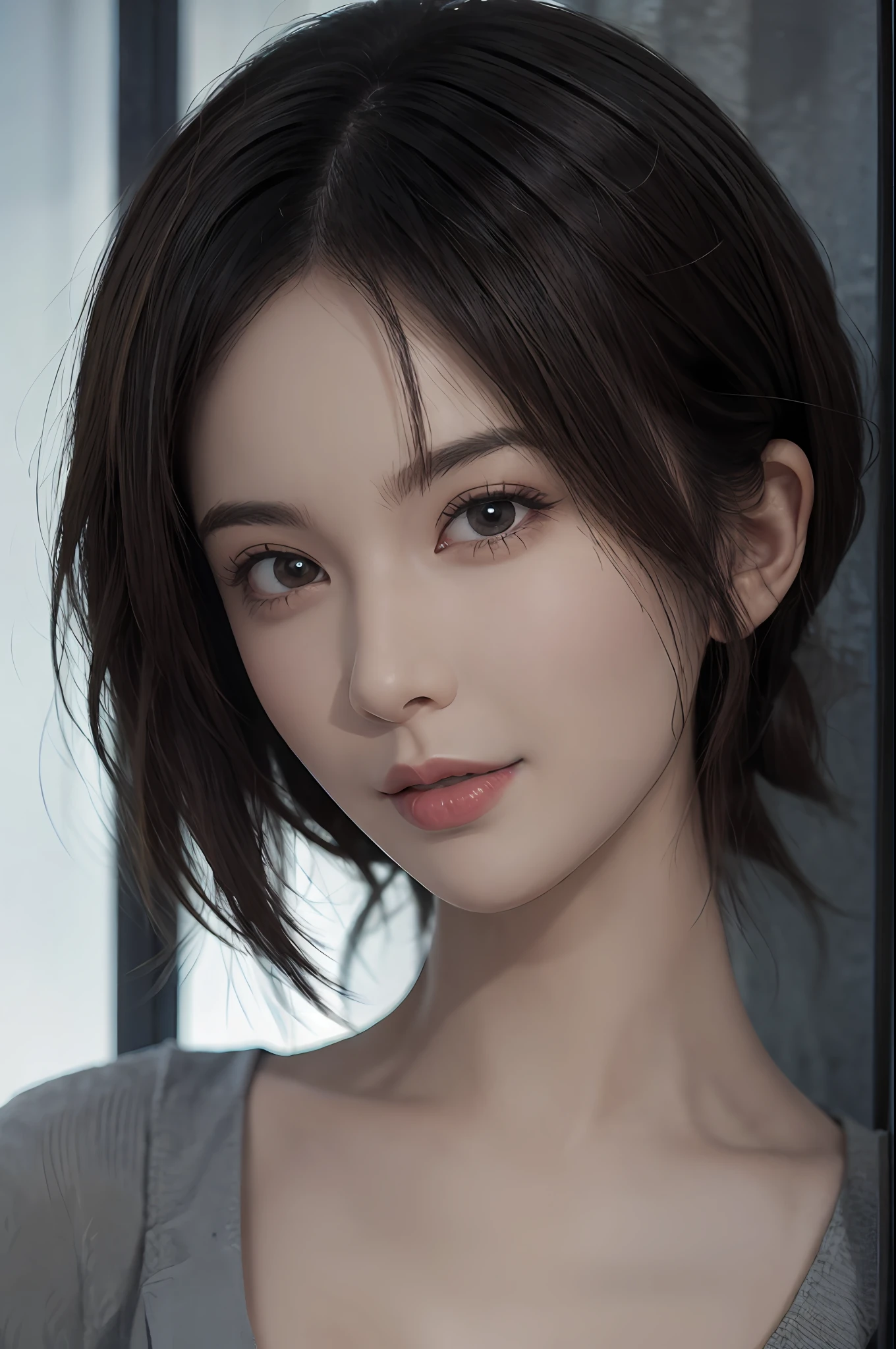 (Masterpiece: 1.3), (8k, Photorealistic, RAW Photo, Best Quality: 1.4), (1girl), Beautiful Face, (Realistic Face), (Black Hair, Short Hair: 1.3), Beautiful Hairstyle, Realistic Eyes, Beautiful Detail Eyes, Realistic Skin, Beautiful Skin, Sweater, Absurd, Attractive, Ultra High Resolution, Ultra Realistic, High Definition, Golden Ratio, Cleavage