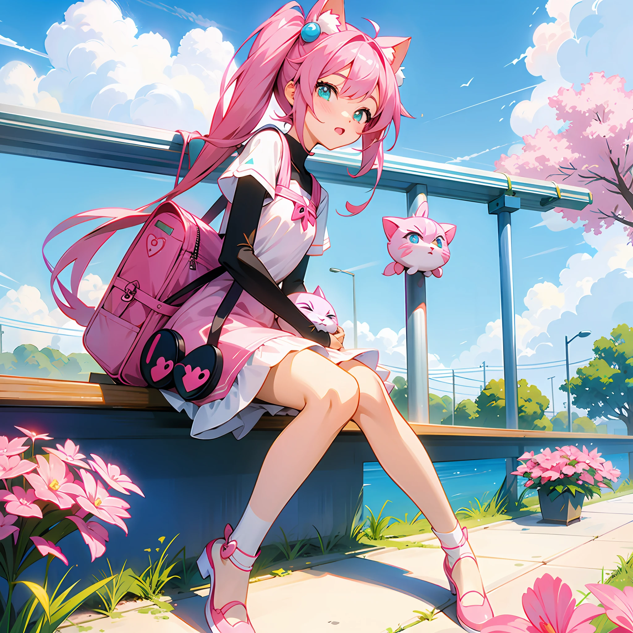 Anime girl sitting on bench，Carrying a pink backpack and a cat, pink twintail hair and cyan eyes, Cute anime girl, cute anime waifu in a nice dress, style of anime4 K, pretty anime girl, small curvaceous loli, Anime girl, Splash art anime Loli, up of young anime girl, anime moe art style, High Quality Anime Art Style