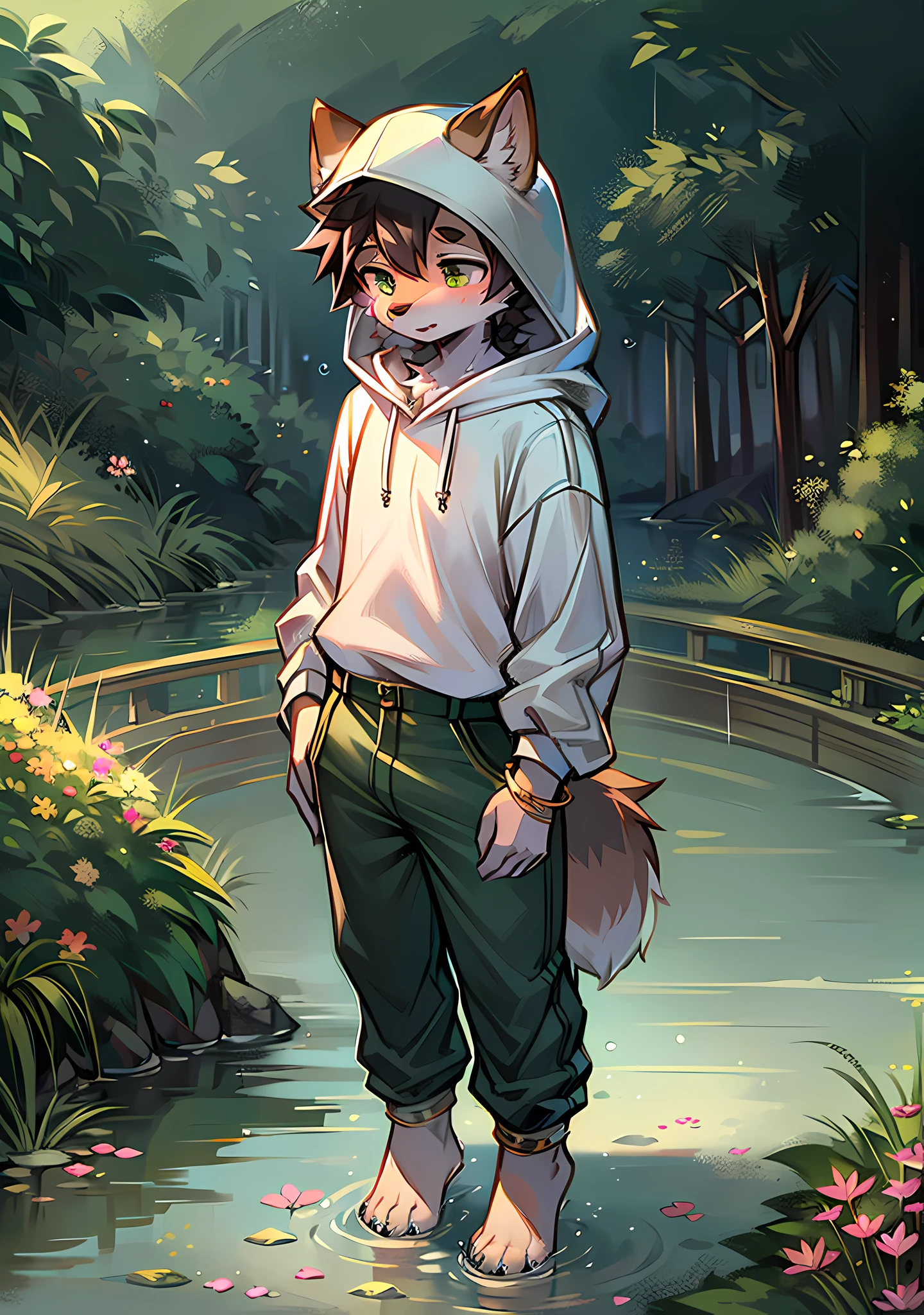tmasterpiece,k hd,wet lands,baiyun,rained,moisty,phragmites,tussock,Flowers,lotus flower,Water purification,Small fish,dragonfly,Raw moss crushed stone bridge,Furry male,Canine boy,Cubs,Full Body Furry,Transparent hooded sweatshirt,,trouser,Anklets,Fluffy tail,Treading water,water wave,Holding a transparent umbrella