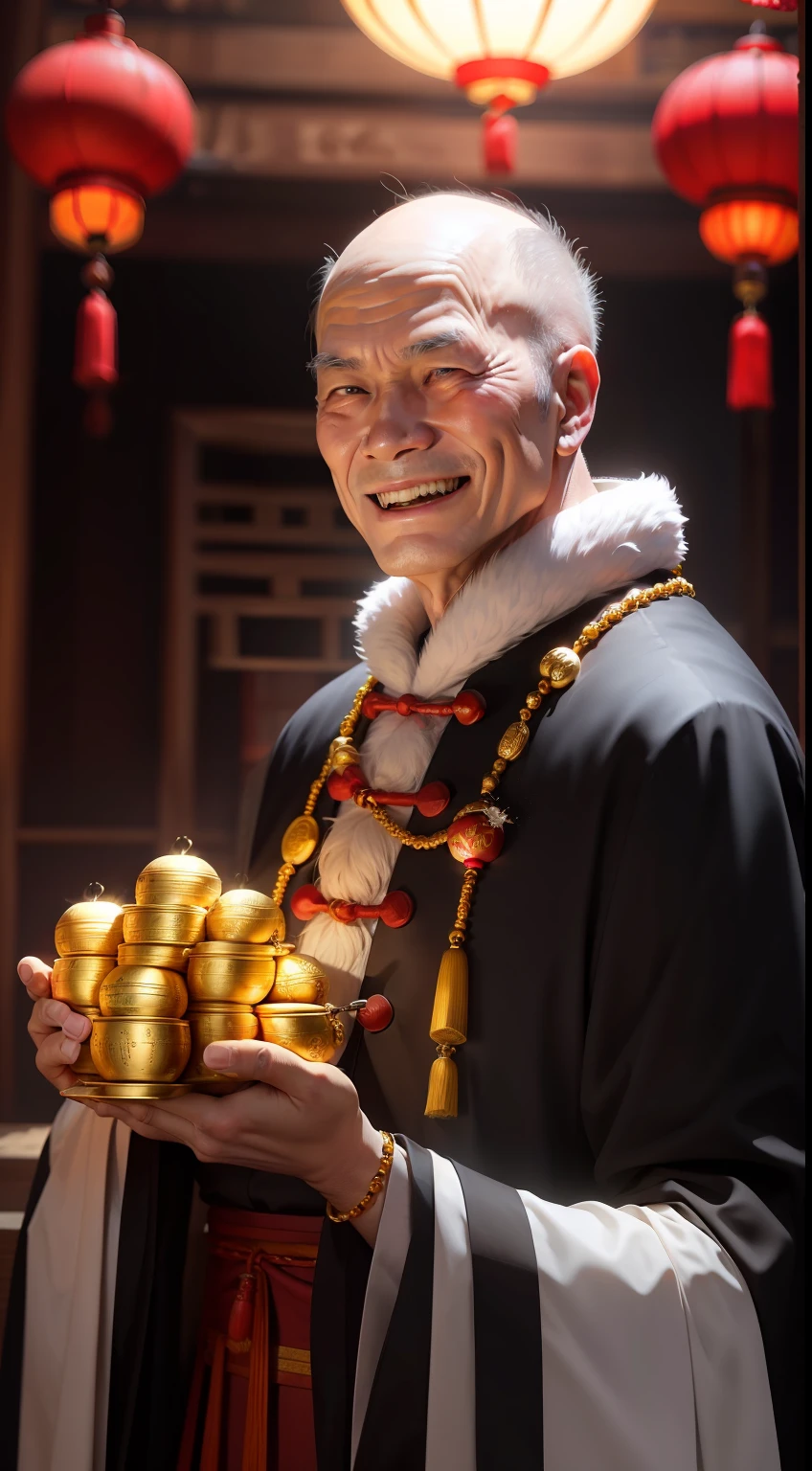 Han Chinese，A balding old man wearing a traditional Chinese cassock，Holding a handful of gold ingots，grin，red colour，jubilation，a cassock，Temple，k hd，真实感，超高分辨率，Prayer beads，fortune，fortune，Wishing you prosperity，money，
