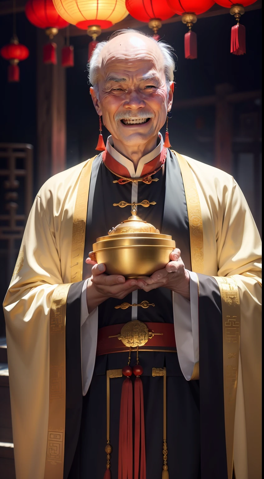 Han Chinese，A balding old man wearing a traditional Chinese cassock，Holding a handful of gold ingots，grin，red colour，jubilation，a cassock，Temple，k hd，真实感，超高分辨率，Prayer beads，fortune，fortune，Wishing you prosperity，money，