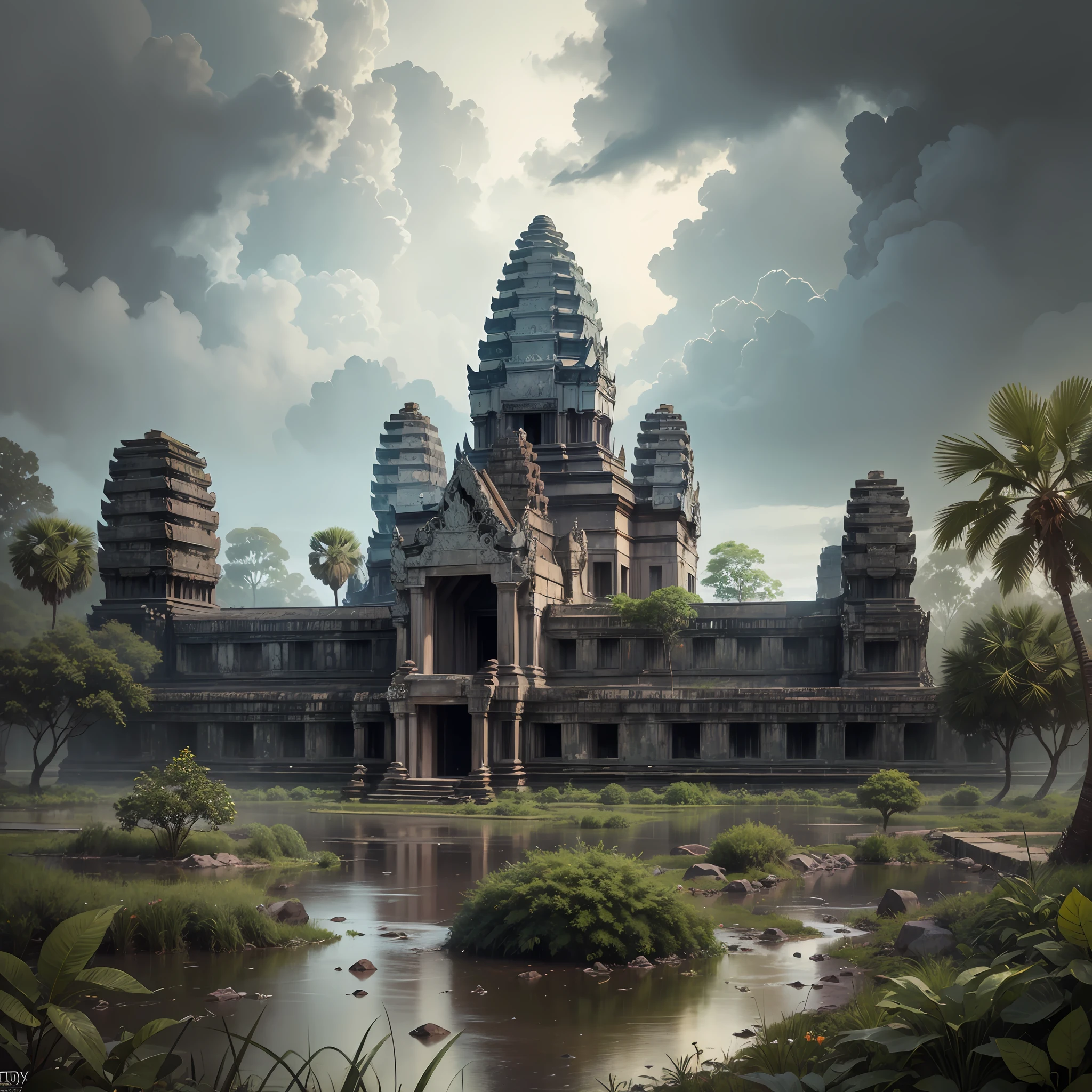 Angkor wat of Cambodia in A jungle, with intense rainfalls, monochromatic, vines all around, loneliness, masterpiece, best quality, high quality, extremely detailed CG unity 8k wallpaper, oil paiting, award winning photography, Bokeh, Depth of Field, HDR, bloom, Chromatic Aberration ,Photorealistic,extremely detailed, trending on artstation, trending on CGsociety, Intricate, High Detail, dramatic, art by midjourney, volumetric lighting --auto --s2