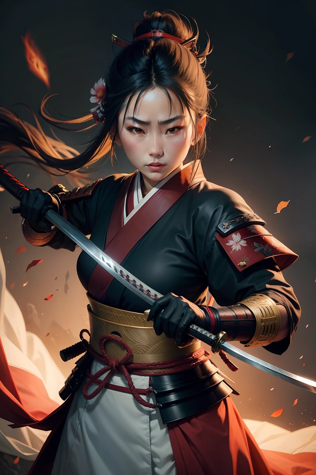 female samurai holding a katana, wearing traditional Japanese clothing, warrior