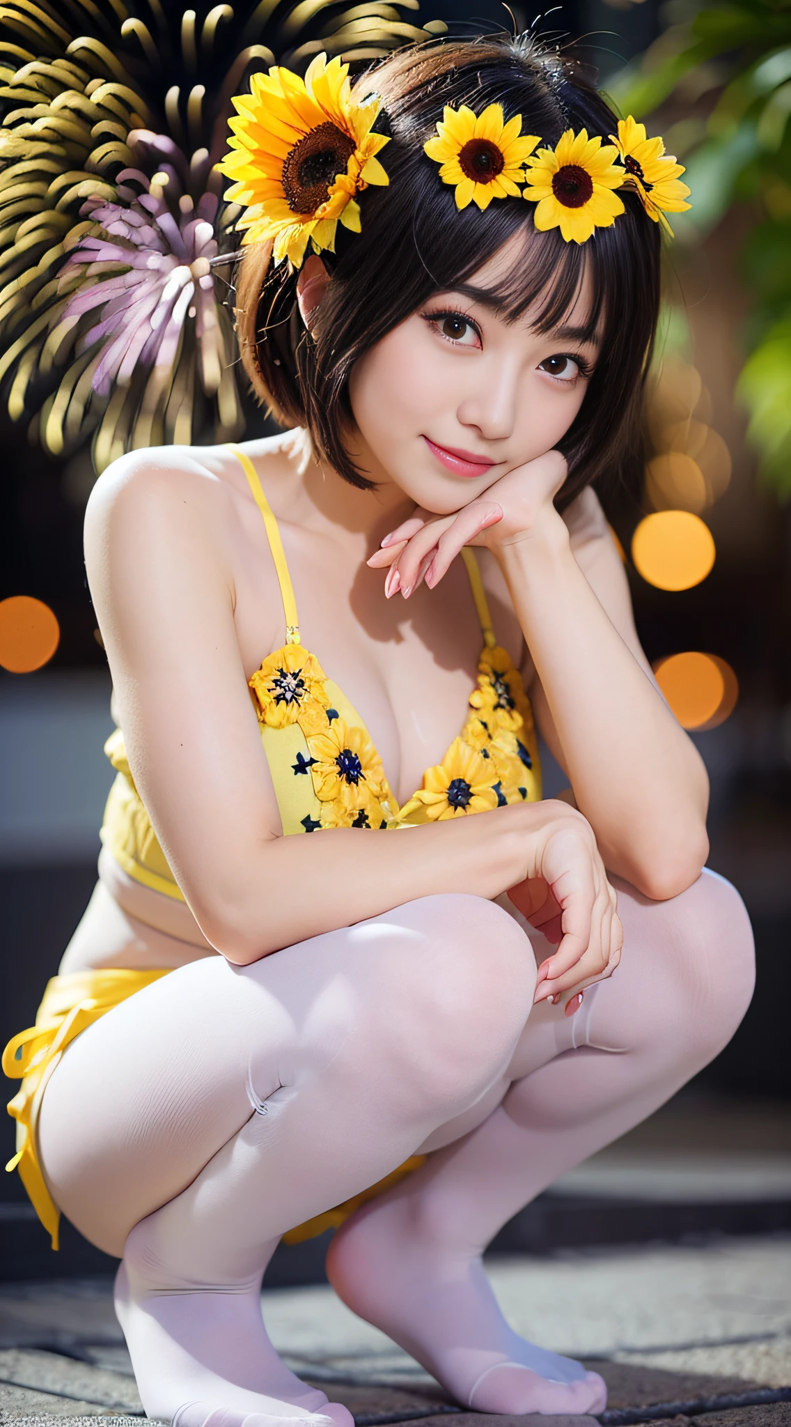 Best Quality, masutepiece, 超A high resolution, (Photorealistic:1.4), Raw photo,8K, full body Esbian、full-shot、SFW、Beautiful Japan girl in the image of a geisha with big bright blue eyes and long fluffy eyelashes and fluffy wavy bob-cut wheat-colored hair with a graceful figure,、Squat across the beach towards the fireworks、Yellow and Japan shoes gatte color yellow、 ((Girls' yukata is、Sunflower appliqué and cherry embroidery))、Colossal tits、The scene is very artistic、In high resolution、The focus is clear and、、、、Artistic style of the Migiorni V5、hyperphotorealism、perfectly proportions、the golden ratio、f lare、outlines、 soft glow、softfocus、Photography Techniques Monocle、(Fireworks at night:1.4)、Beautiful starry sky:1.2、(night seaside:1.3)、((Don't get naked:1.5))、Lovely smile、(White pantyhose:1.4)、(Close the front of the yukata:1.4)、(White panties:1.2)、((No text:1.3))、((No logo:1.3))、((Squats with legs spread wide:1.4))、((Yellow with floral bra:1.3))