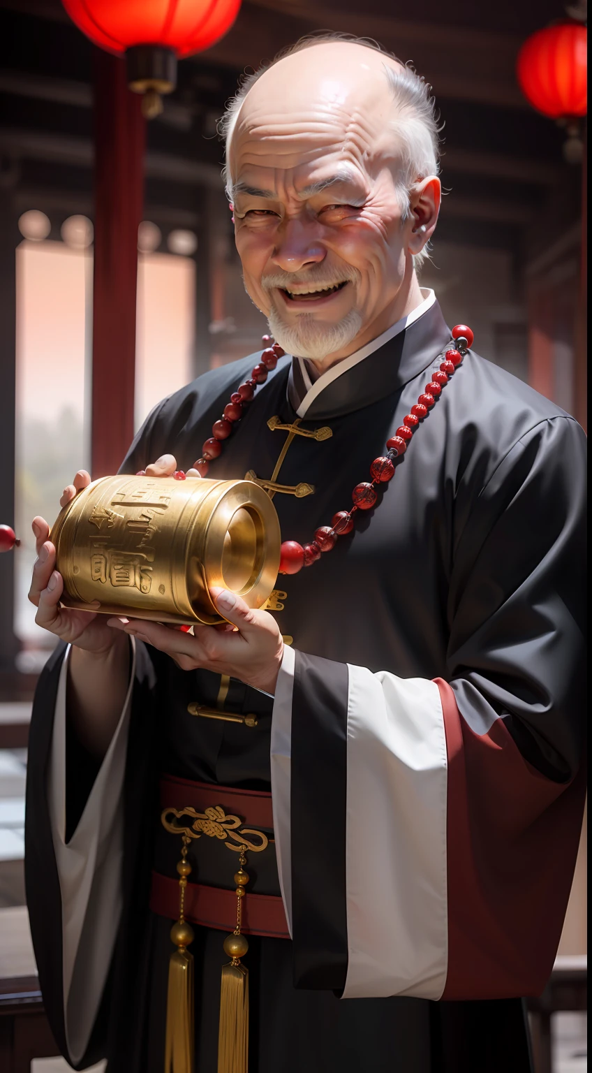 Han Chinese,A balding old man wearing a traditional Chinese cassock,Holding a handful of gold ingots,grin,red colour,jubilation,a cassock,Temple,k hd,真实感,超高分辨率,Prayer beads,fortune,fortune,Wishing you prosperity,money,