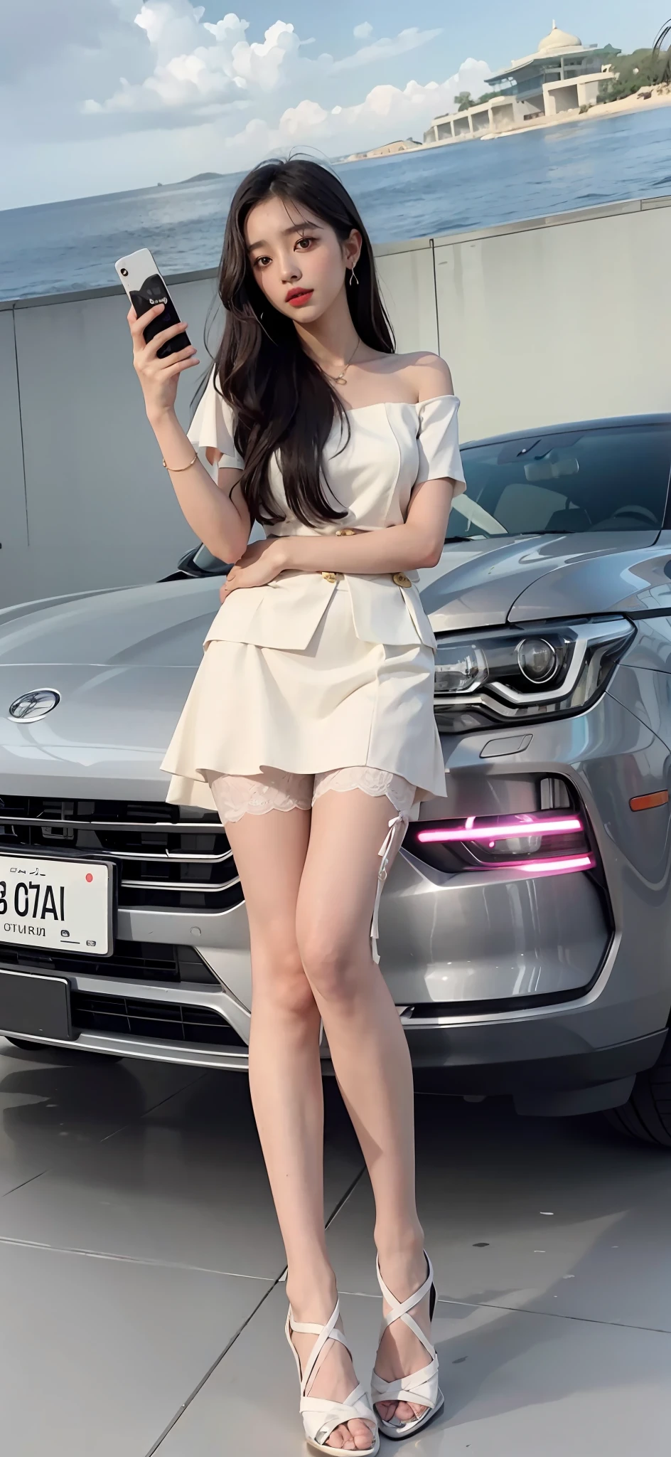 An Araved woman in a short skirt stands next to the car, 🤬 🤮 💕 🎀, dilraba dilmurat, sun yunjoo, bae suzy, jia, jaeyeon nam, xintong chen, smooth in _ Background with, zmonzheng, smooth white tight clothes suit, Choi Hyun-hwa, hwang se - on, Very tiny，Flesh-colored stockings，Wearing flesh-colored stockings，stocklings
