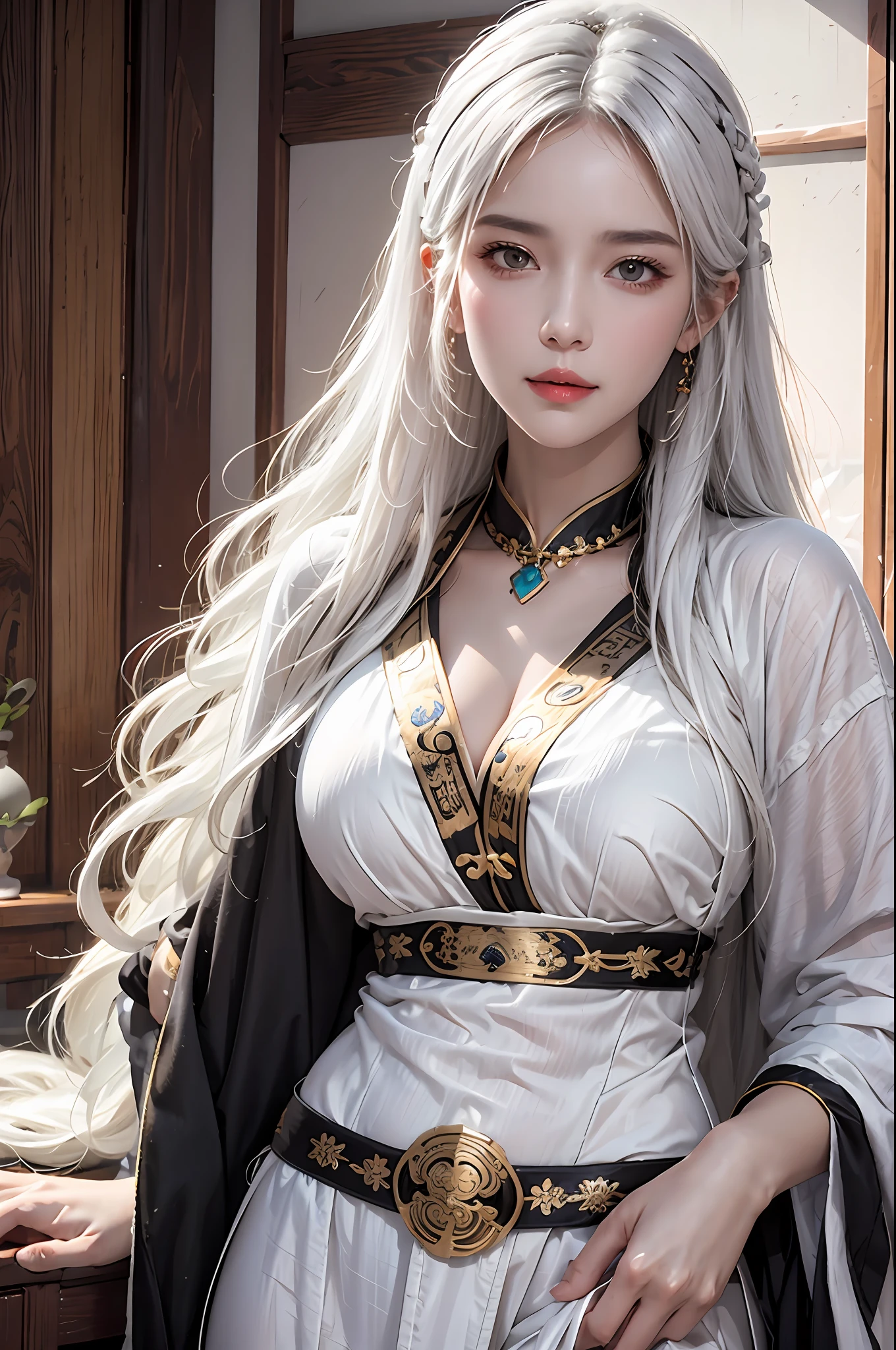 photorealistic, high resolution, soft lights, 1women, solo, hips up, look at viewer, (detailed face), white hair, long hair, colorful Taoist robe,oversized clothes, midjourney portrait, jewelry