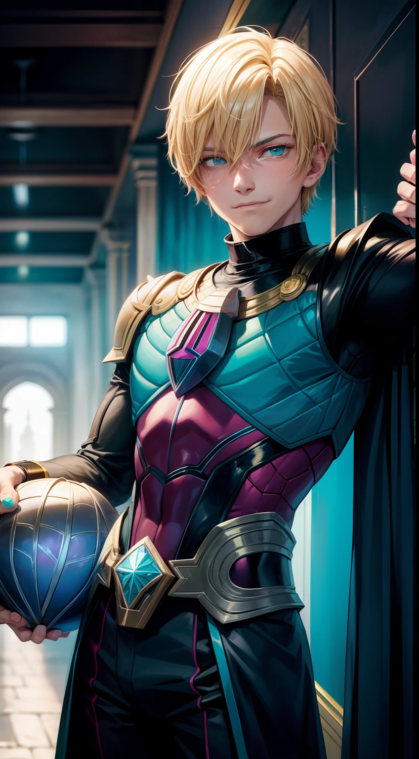 Young guy, short blonde hair, Cyan eyes, Mysterio, smirk, Masterpiece, hiquality