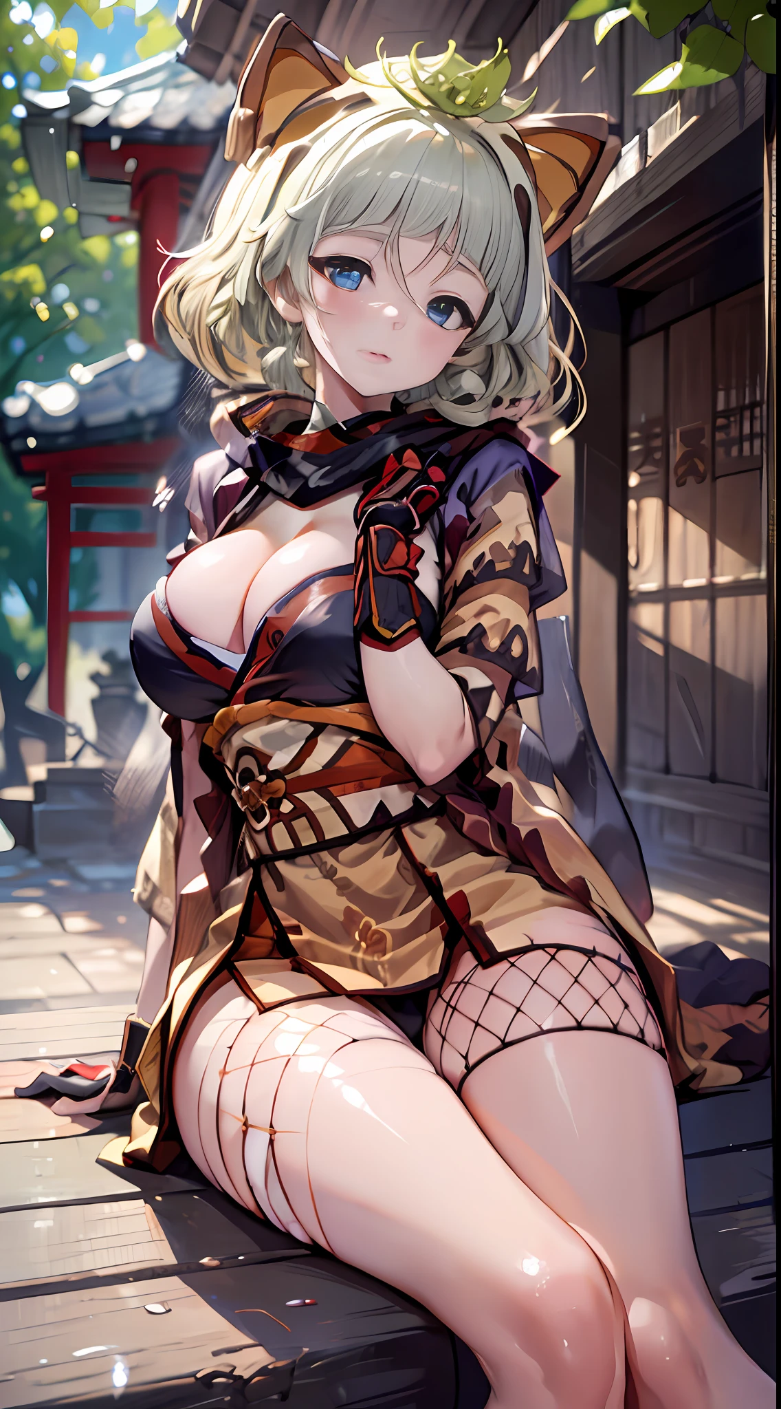 (NSTDA.:1.2), (10, beste-Qualit, master-piece: 1.4), ultra-high resolution, (lifelike, photorealistic portrait: 1.48), 25 years old, Cute Girl, Famous Japanese actors, gigantic breasts, Blue Eyes, Head tilt, cowboy shot, from the front,My favorite cat ears, looking at the audience, expressionless, Beautiful lake,  Zeiss 150mm F/ 2.8 Hasselblad, In Japanese shrines, Whole body, foot, Ultra-Wide Angle