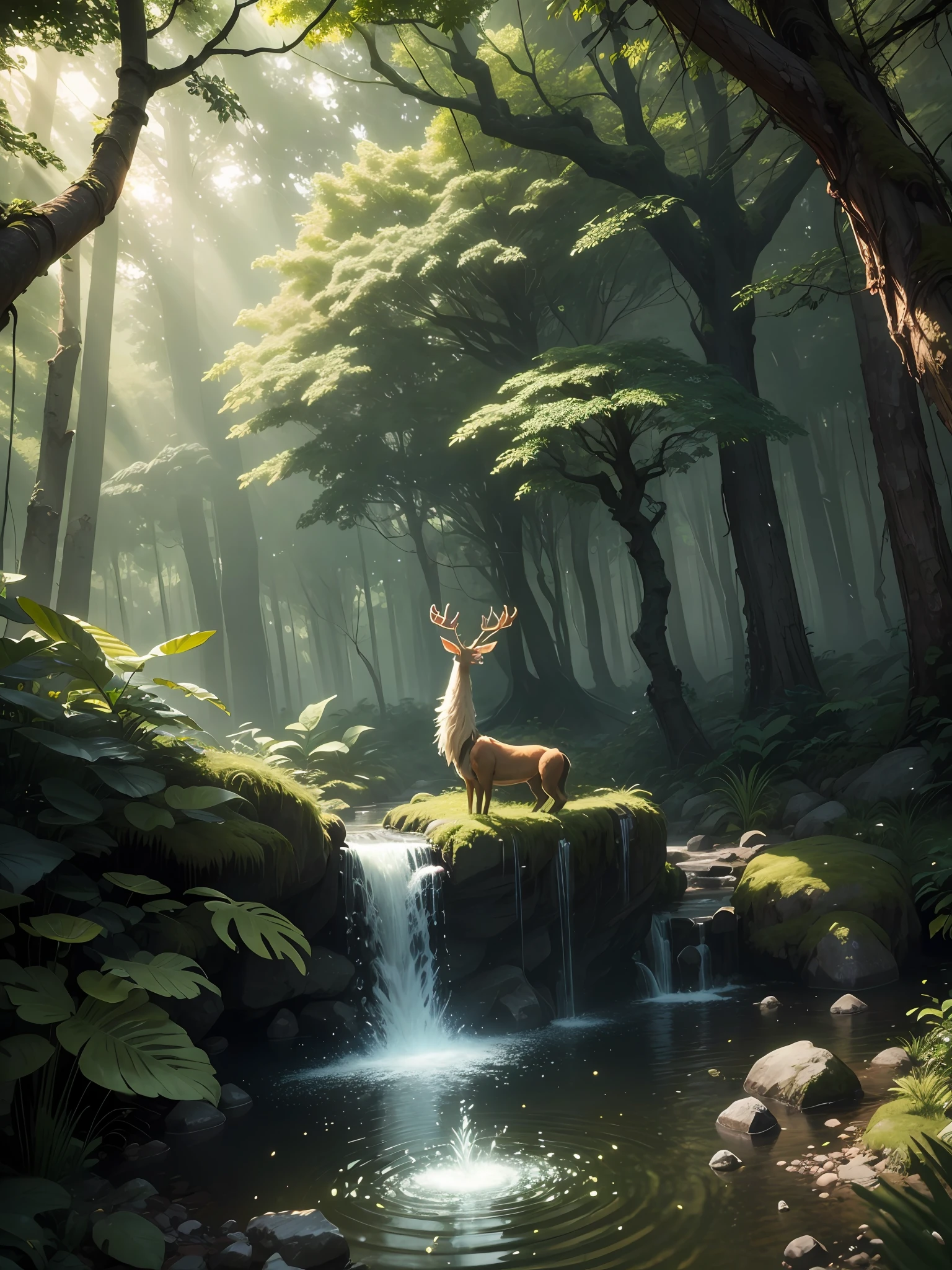 tmasterpiece,best qualtiy,The is very detailed的 CG unified 8k 壁纸,Most Best Illustration,best shadow,Glowing elf with glowing deer,Drinking water in the pool,Natural elements of forest theme。Mysterious forest,Beautiful forest,naturey,surrounded by flower,Delicate leaves and branches are surrounded by fireflies,nature elements,Jungle theme,foliage,tree branch,glowworm,Particle effects and other 3D,rendering by octane,Ray traching,ultra-detailliert,deers --v6