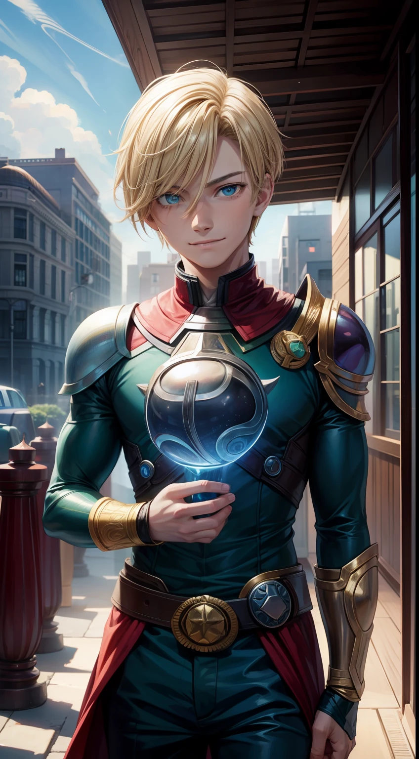 Young guy, short blonde hair, Cyan eyes, Mysterio, smirk, Masterpiece, hiquality