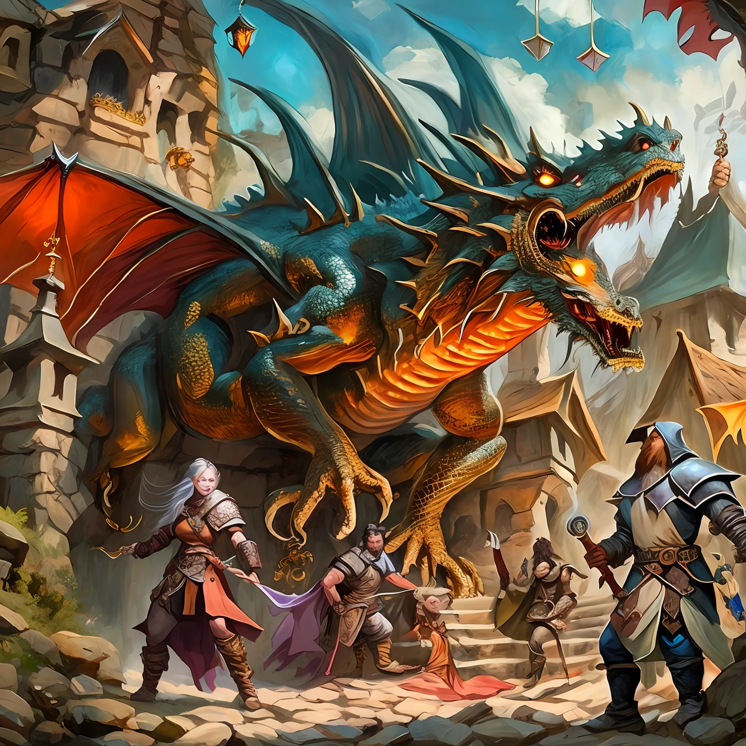 a group of people, standing around the dragon in front of the castle, D & d fantasy digital art, D & D Fantasy Digital Painting, roleplaying game art, Game Dungeons & Dragons, dungeons and dragons fantasy art, Обои D&D арт, Обложка Dungeons anD Dragons, High-quality DND illustration, D & D Фэнтезийное искусство, dungeon and dragons art