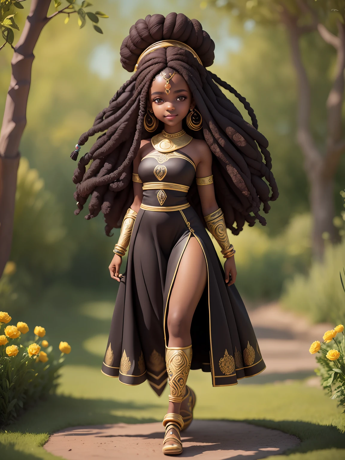 (masterpiece),(best quality),(ultra-detailed), (full body:1.2), black woman, teenager, warrior, fantasy universe, long dress black, light smile, flower, outdoors, turban, :3, afro clothes, princess, blurry, brown hair, black hair, background abstract (beautiful detailed face), (beautiful detailed eyes),