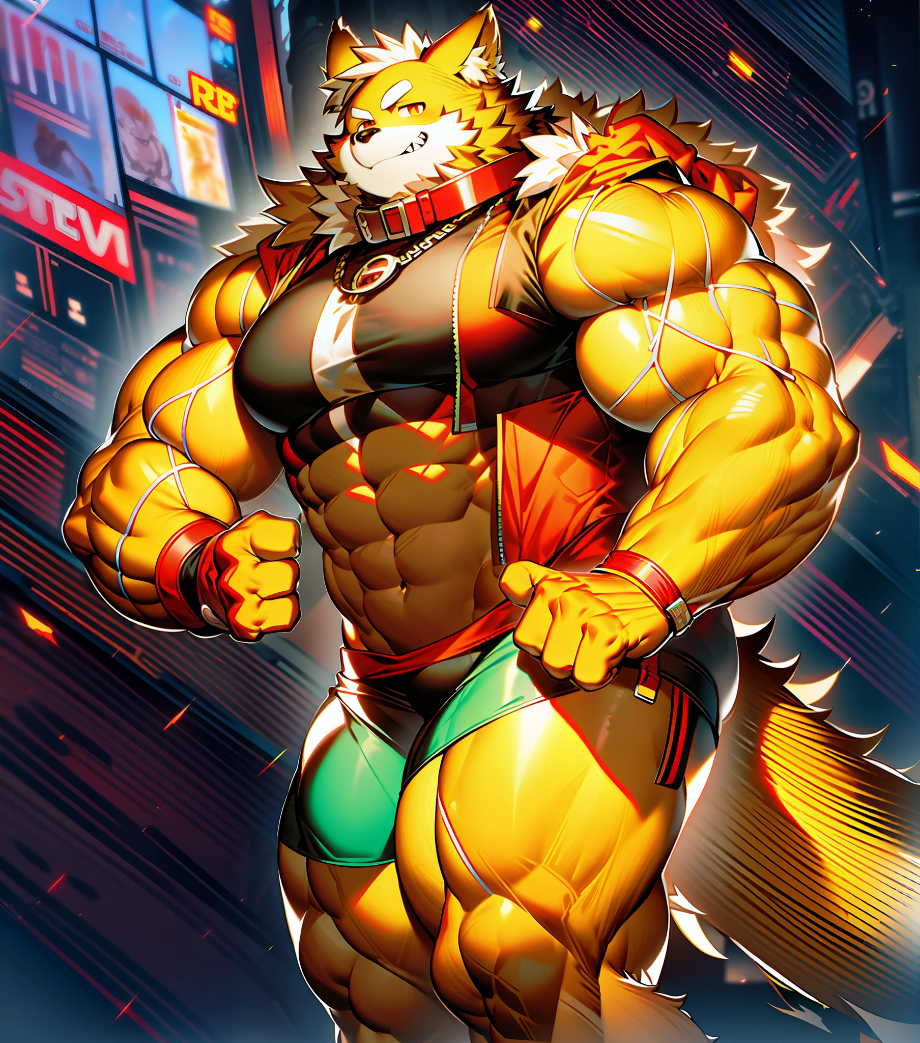 coyote,Furry,Orange-white hair,musculature,Muscle men,nakeness,Strong,ultraclear,Has a large ,Collar,Black shorts,Wrestlers,fist,red pupils,Abs,Yellow coat,The erection,Collar,Has a large ,der riese,tit,Solo,Stout arms,Storm jacket,Badge,Pronounced abs,ssmile,subway station background,Urban style,hold fists,Big Dick,Red Storm jacket