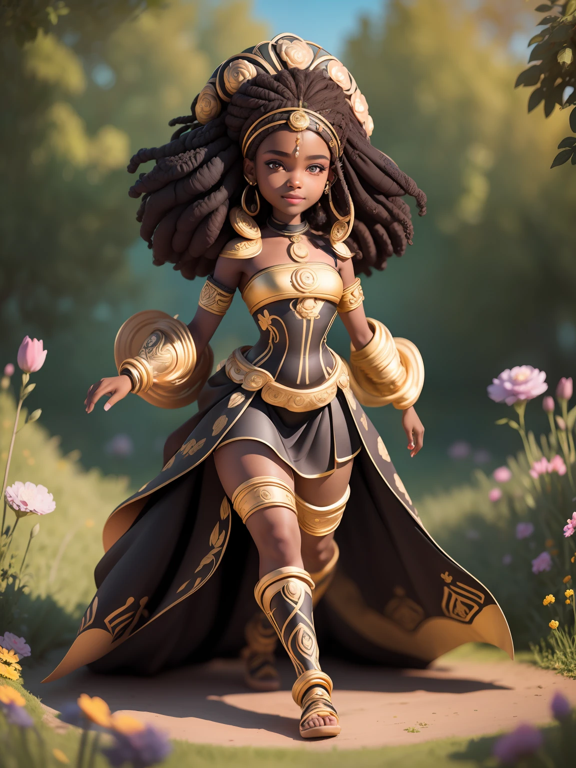 (masterpiece),(best quality),(ultra-detailed), (full body:1.2), black woman, teenager, warrior, fantasy universe, long dress black, light smile, flower, outdoors, turban, :3, afro clothes, princess, blurry, brown hair, black hair, background abstract (beautiful detailed face), (beautiful detailed eyes),