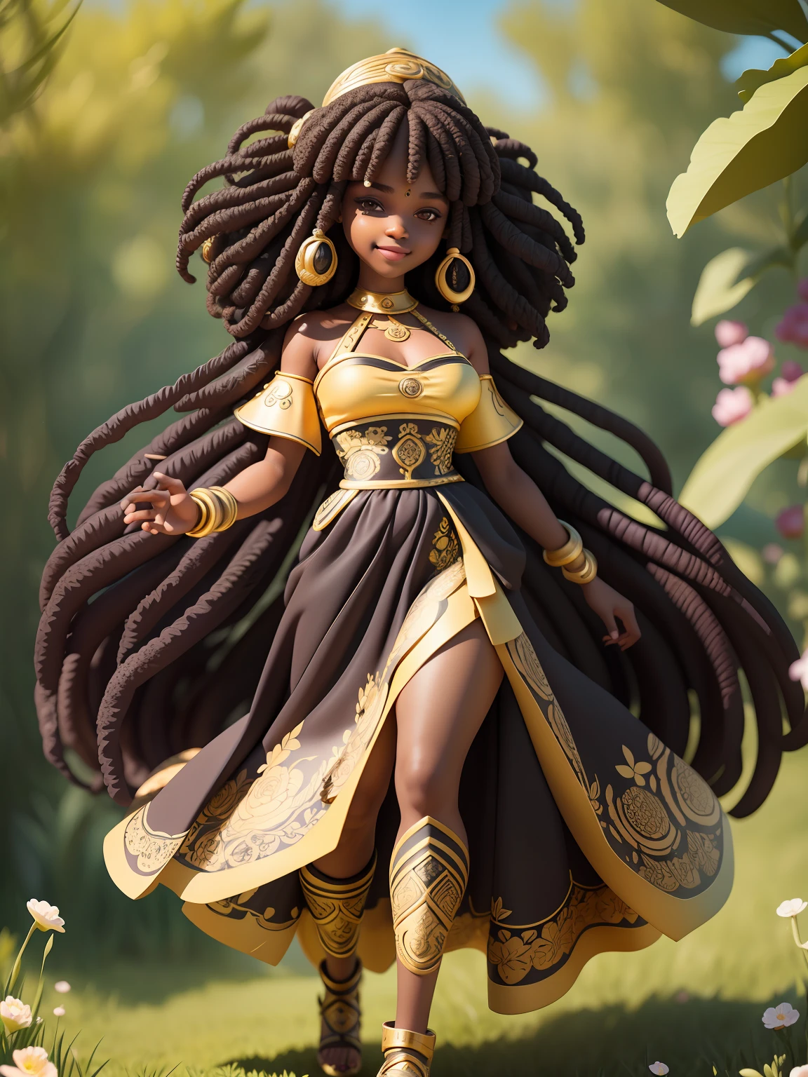 (masterpiece),(best quality),(ultra-detailed), (full body:1.2), black woman, ager, warrior, fantasy universe, long dress black, light smile, flower, outdoors, turban, :3, afro clothes, princess, blurry, brown hair, black hair, background abstract (beautiful detailed face), (beautiful detailed eyes),