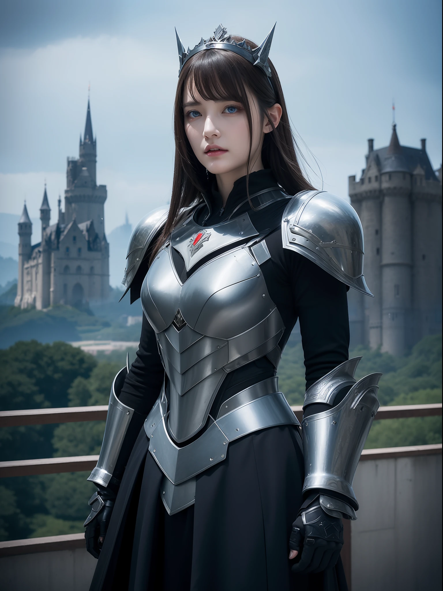 Masterpiece, best quality, high resolution, 8K, Portrait, realistic photo,（ Combining clothes with Korean fashion designs），Digital photography, full body, 1 16 year old girl, (cyborg), beautiful blue gray gradient long hair, blue eyes, intricate, elegant, Highly detailed, Evil Crown, Black dress, ,silver metal exoskeleton armor, Intricate knight's hollow armor,power armor, cutout design, Mechanical structure, photo pose, solemn,, red lips, From the film Kingsglaive Final Fantasy XV.Metallic texture, oc rendering，Reflective texture, ((Clothing cutting)), ((With castles and giant moster in the background))