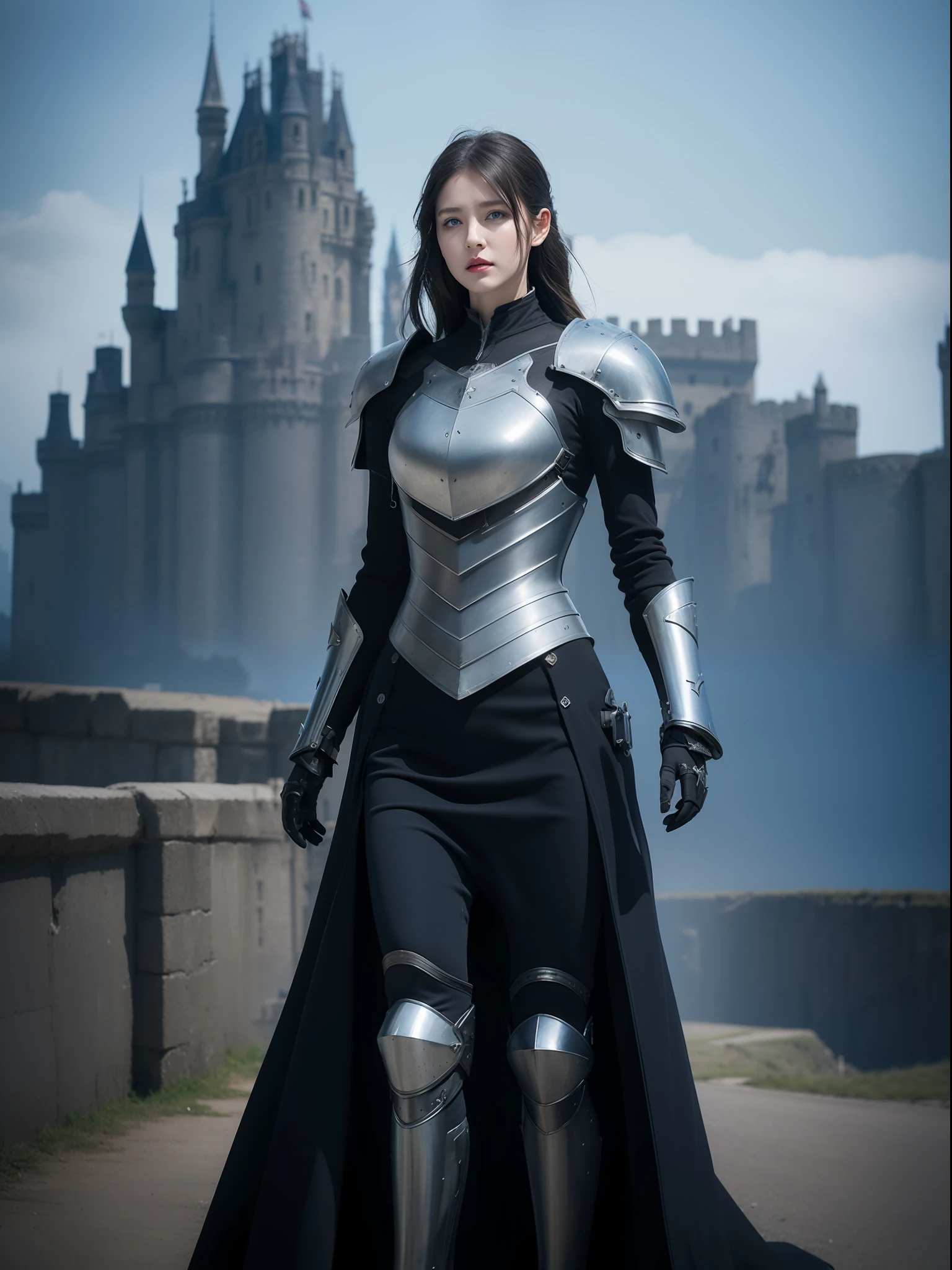 Masterpiece, best quality, high resolution, 8K, Portrait, realistic photo,（ Combining clothes with Korean fashion designs），Digital photography, full body, 1 16 year old girl, (cyborg), beautiful blue gray gradient long hair, blue eyes, intricate, elegant, Highly detailed, Evil Crown, Black dress, ,silver metal exoskeleton armor, Intricate knight's hollow armor,power armor, cutout design, Mechanical structure, photo pose, solemn,, red lips, From the film Kingsglaive Final Fantasy XV.Metallic texture, oc rendering，Reflective texture, ((Clothing cutting)), ((With castles and giant moster in the background))