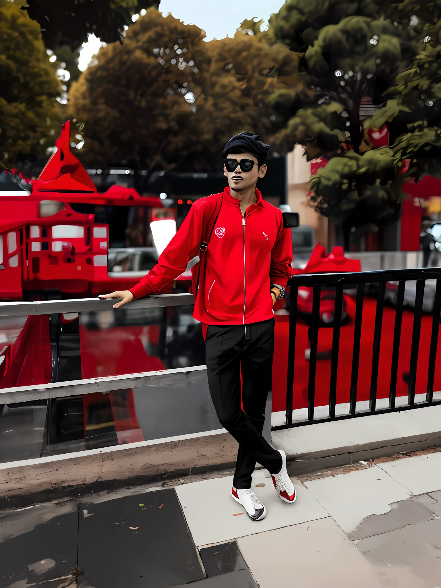 Chenge the pant colour in black,and red shoes, sunglasses,and tshirt