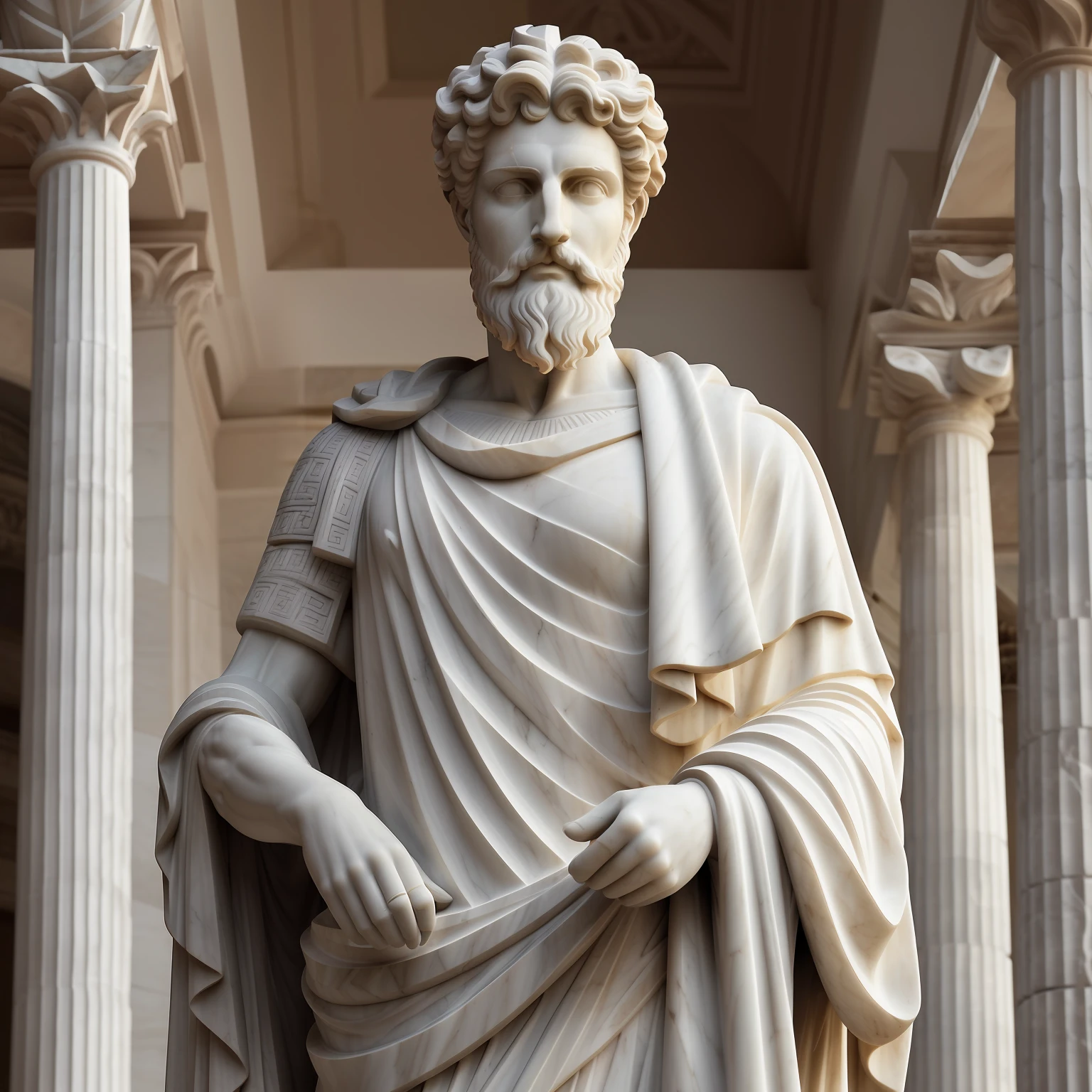 Arafed statue of a man with a beard and a cape, divino e estoico, estoico and calm, Estoicismo, greco roman statue, an ancient greek statue, Stoic attitude, Greek marble statue, classical statue, stoic, Marble statues, Marble statue, vestidos com roupas romanas, Pose estoica, ancient greek statue