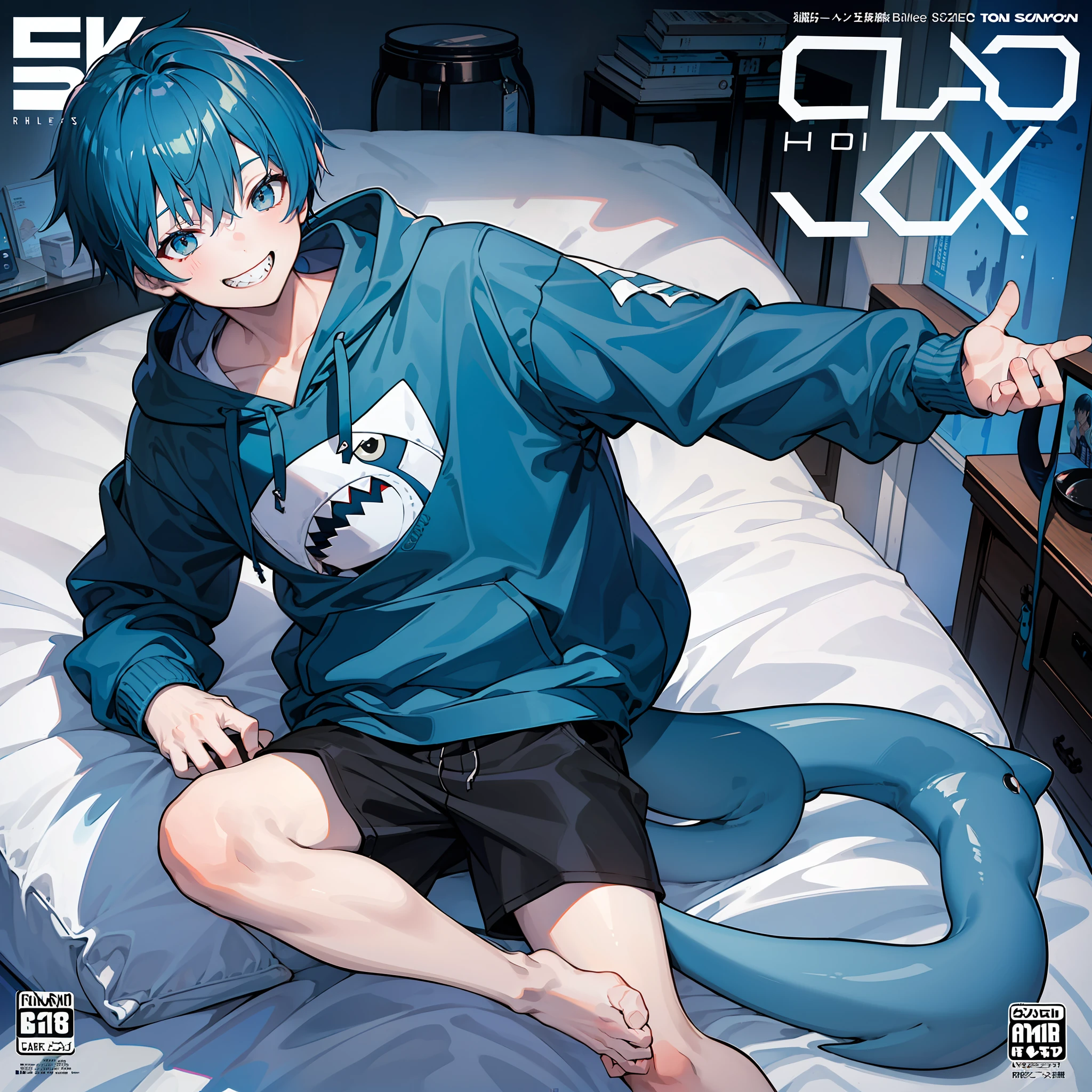 masterpiece, best quality, full body, (1boy), (Wearing a blue shark tail hoodie), (boy smiling sharp teeth), (Boy Messy Japanese Round Haircut for Thick Hair), (blue hair), black shorts, ((solo)), (magazine:1.3), (cover-style:1.3), fashionable, (Boy play game in bed room)