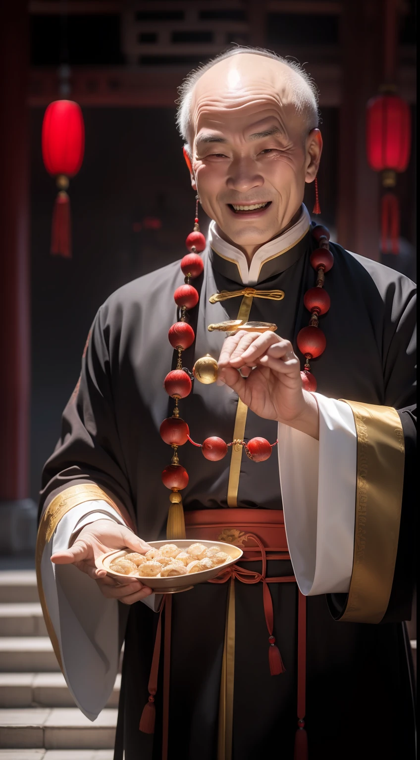 Han Chinese,A balding old man wearing a traditional Chinese cassock,Holding a handful of gold ingots,grin,red colour,jubilation,a cassock,Temple,k hd,真实感,超高分辨率,Prayer beads,fortune,fortune,Wishing you prosperity,money,