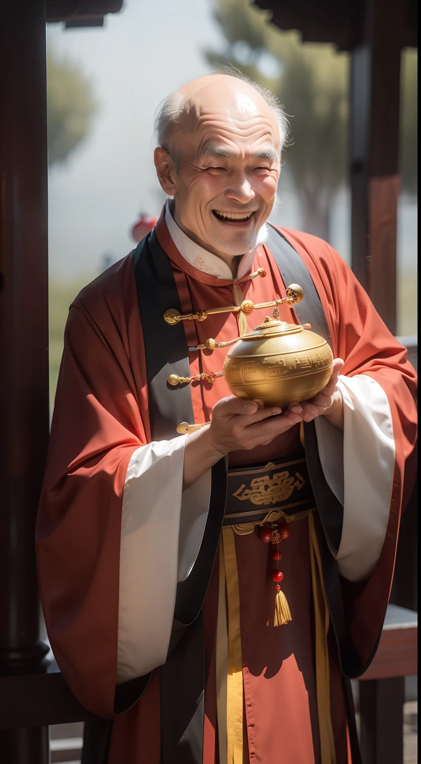 Han Chinese,A balding old man wearing a traditional Chinese cassock,Holding a handful of gold ingots,grin,red colour,jubilation,a cassock,Temple,k hd,真实感,超高分辨率,Prayer beads,fortune,fortune,Wishing you prosperity,money,