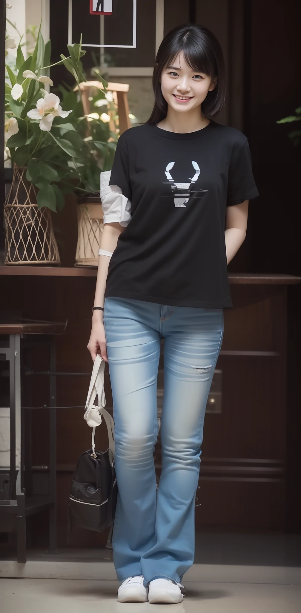 Zhu Ai_Villas，RAW photos，Brand photos，（highdetailskin：1.2），8k ultra high definition，digital SLR camera，gentlesoftlighting，high high quality，filmgrain，富士XT3，20 years old Asian woman，Wear simple clothes，T-shirt and skinny jeans，Detailed clothing details:1.3，perfect body figure，Super detailed facial details and skin，Fair and tender face and skin，二重まぶた，Super detailed eyes，Sweet smile:0.5，fully body photo