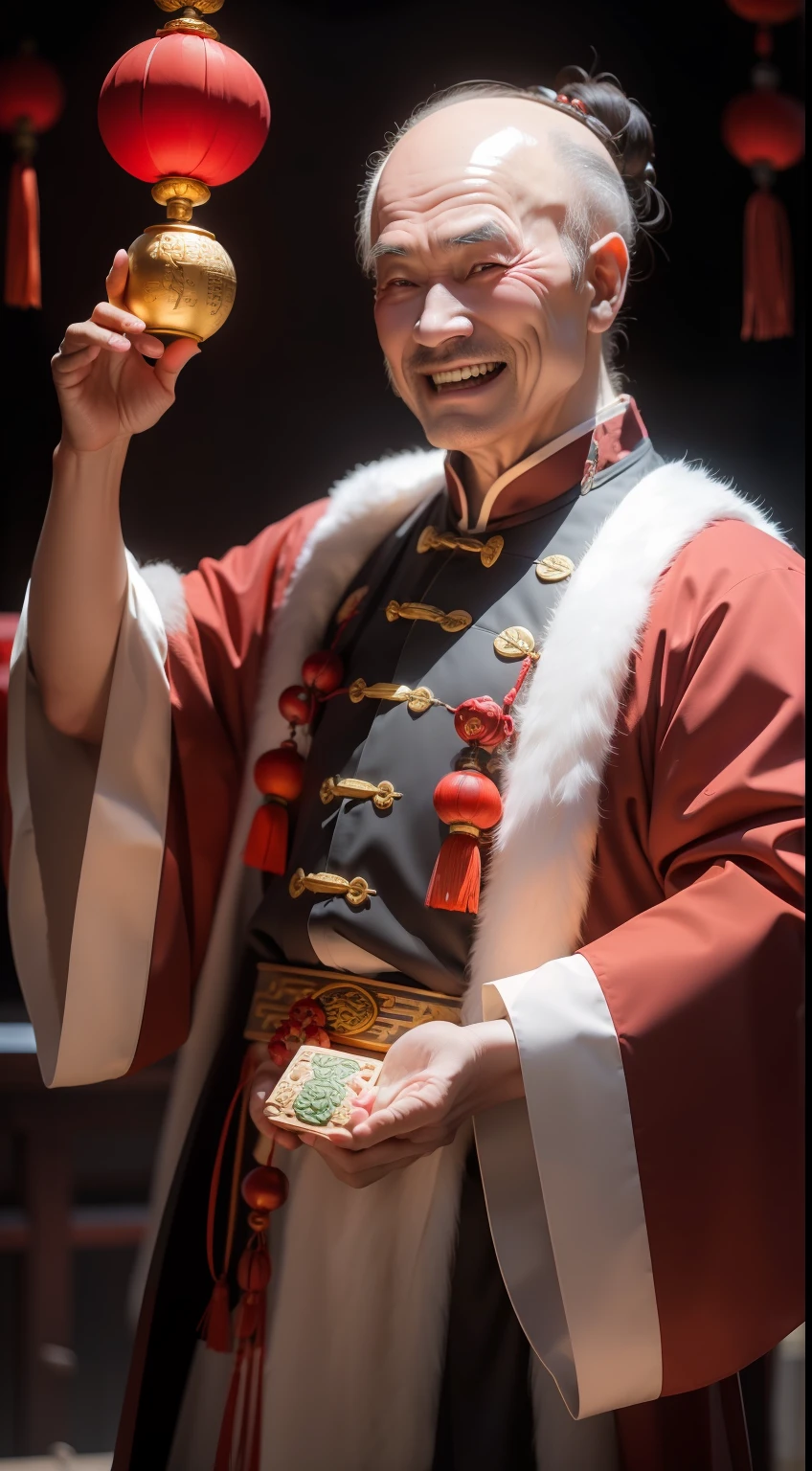 Han Chinese，A balding old man wearing a traditional Chinese cassock，Holding a handful of gold ingots，grin，red colour，jubilation，a cassock，Temple，k hd，真实感，超高分辨率，Prayer beads，fortune，fortune，Wishing you prosperity，money，