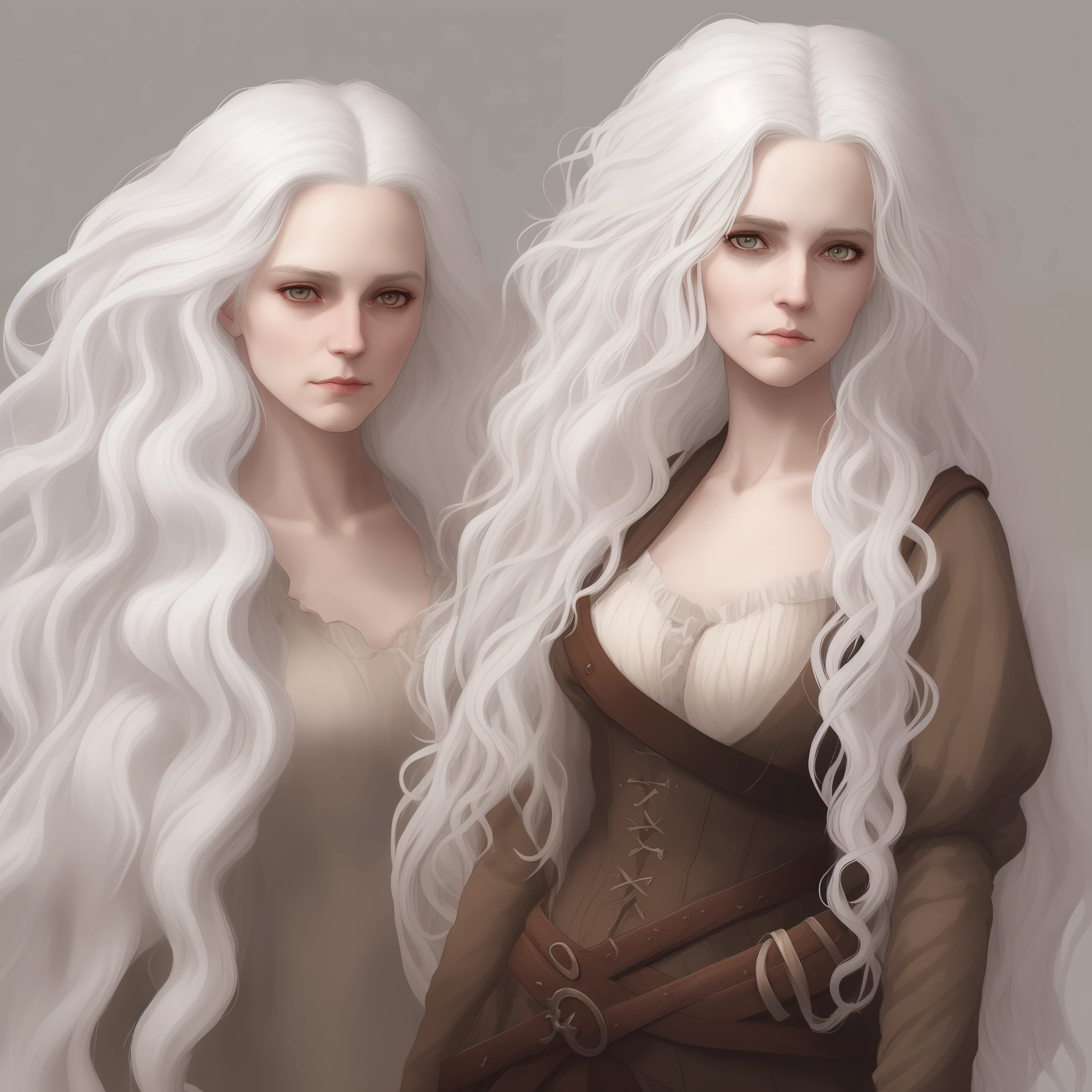 a woman with long white hair and a brown shirt, girl with white hair, portrait of a dnd character, messy wavy white hair, abigail larson, white haired, ciri, as a dnd character, as a d & d character, dnd character art portrait, white haired lady, curly blonde hair | d & d, a portrait of the character