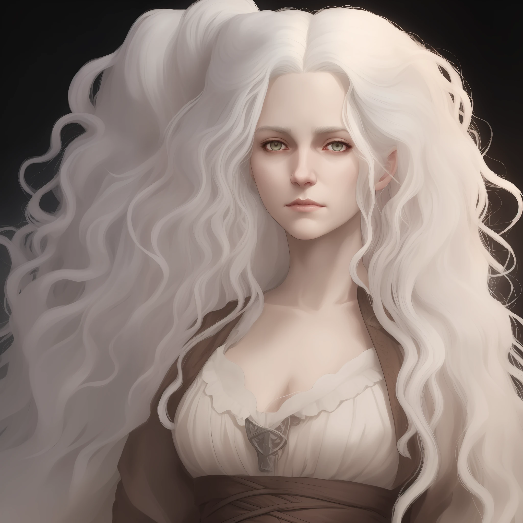 a woman with long white hair and a brown shirt, girl with white hair, portrait of a dnd character, messy wavy white hair, abigail larson, white haired, ciri, as a dnd character, as a d & d character, dnd character art portrait, white haired lady, curly blonde hair | d & d, a portrait of the character