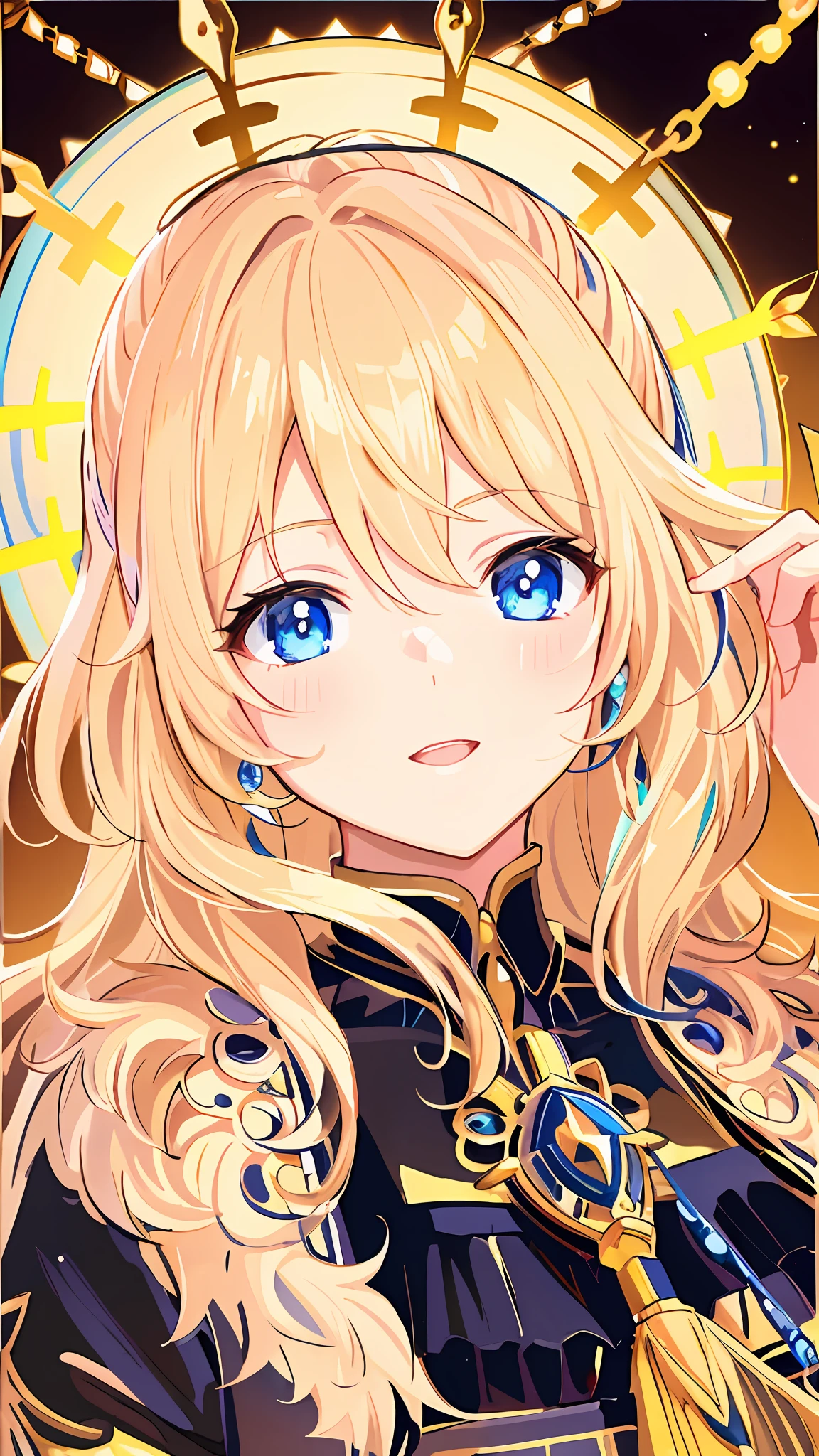 Anime girl with long blonde hair and blue eyes in golden costume, detailed portrait of an anime girl, Detailed Digital Anime Art, anime goddess, splash art anime loli, shadowverse style, Granblue Fantasy, portrait of cute anime girlbabes, Detailed key anime art, portrait knights of zodiac girl, blonde anime girl with long hair, clean detailed anime art, portrait of cute anime girlbabes