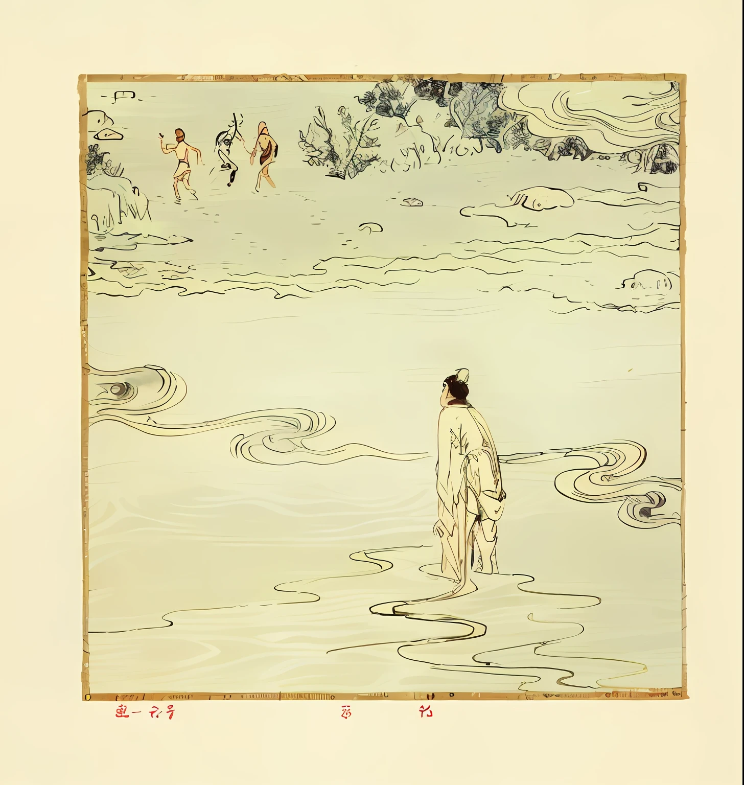 a drawing，A man walks in water with a surfboard，The art style refers to the style of Chinese painter Liu Danzhai。