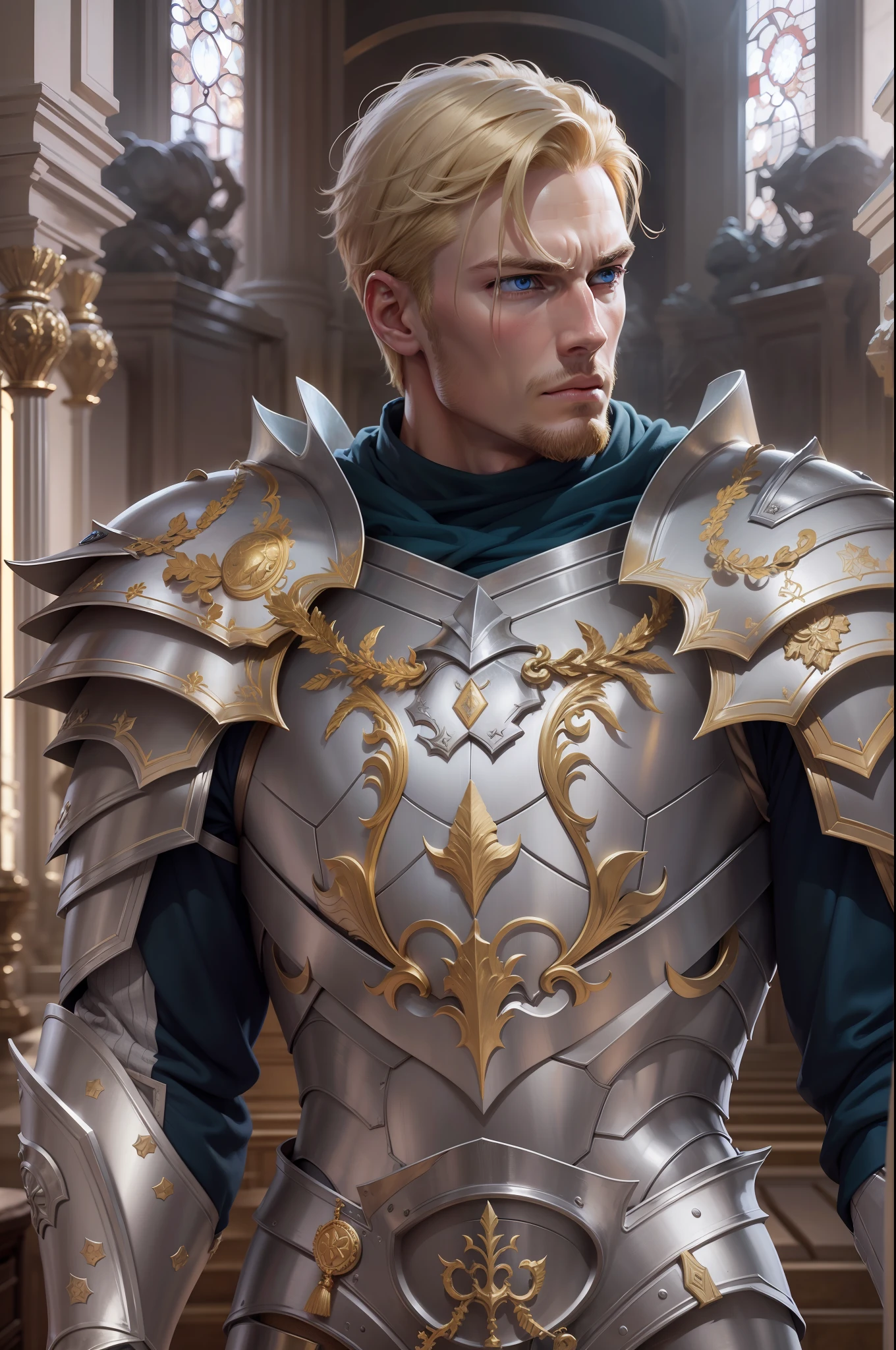 ultra realistic image of a blond man, short hair, ultra detailed blue eyes, 30 years old, tall and strong, dressed in silver armor torso and with golden shoulder pads, murderous expression, standing in a hall of a completely destroyed royal palace