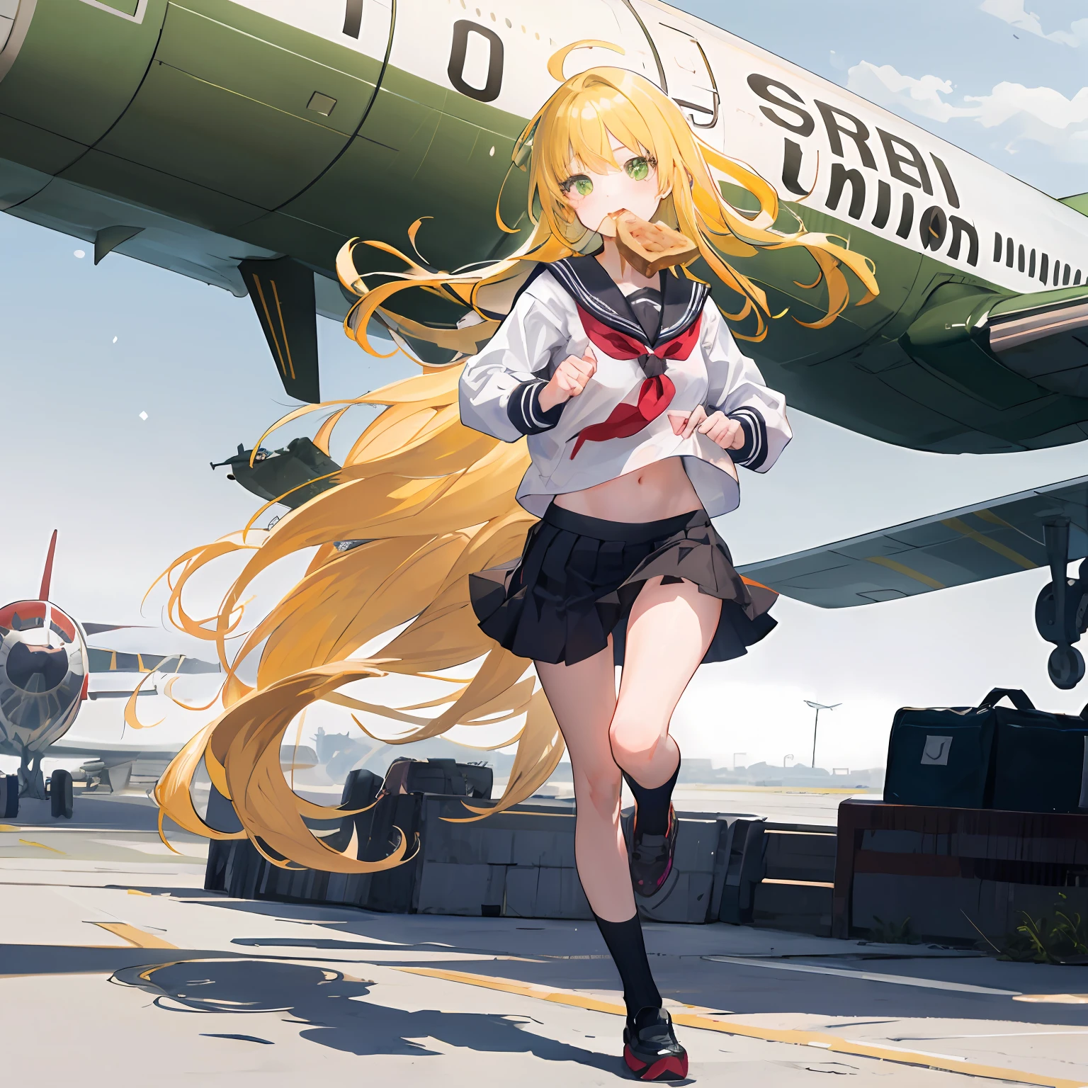 1girl,run,Yellow hair,long hair,messy hair,green eyes,serafuku,toast in mouth,Runway,planes lined up