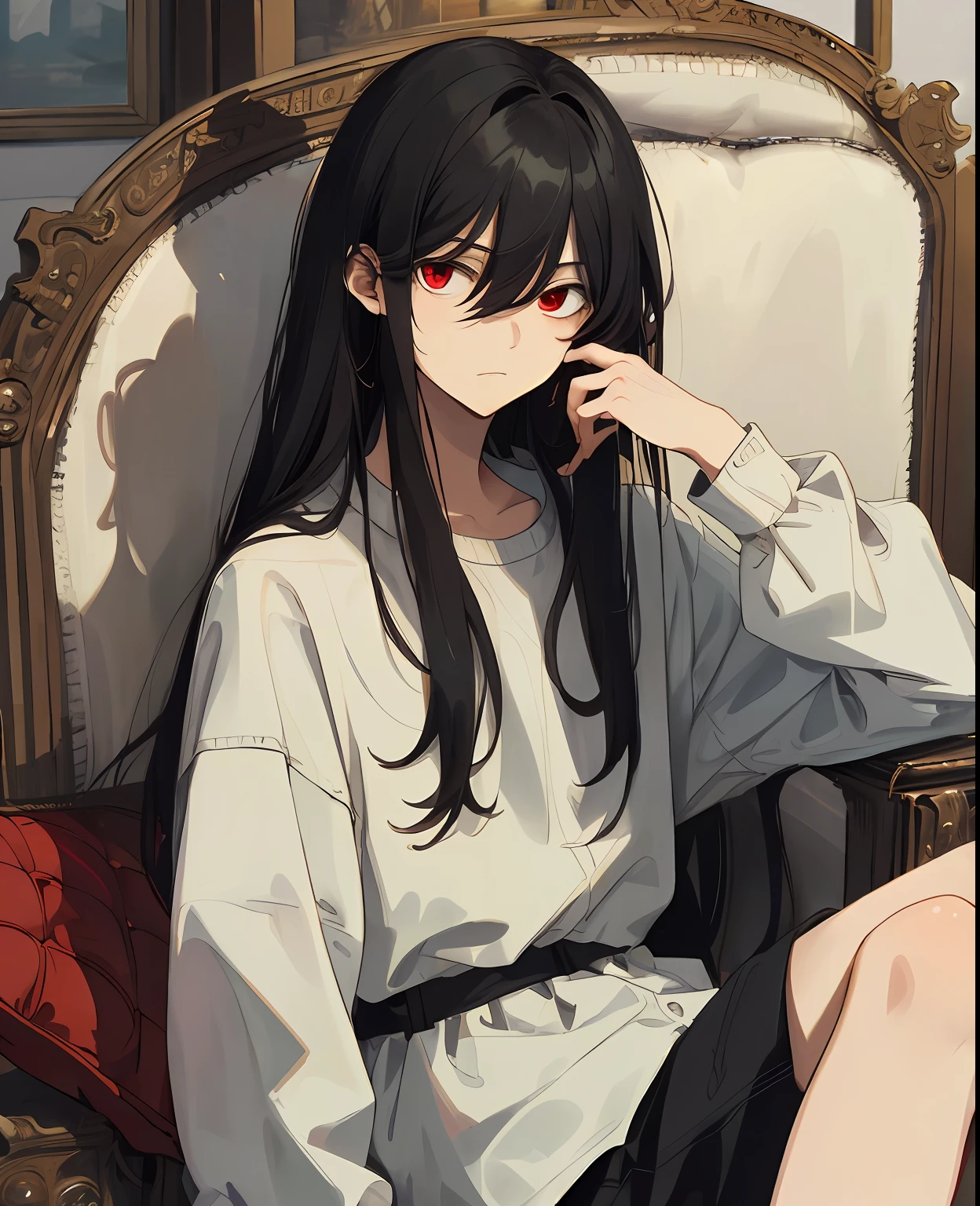 (masterpiece, best quality, high quality), man, ((unimpressed)), sitting, looking at viewer, black hair, (long hair, disheveled hair), red eyes, :(, flowing hair