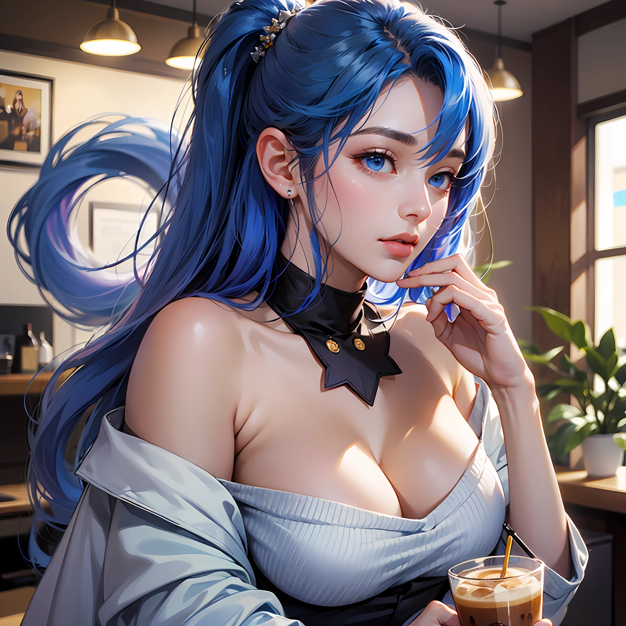 8K、top-quality、Masterpiece、An ultra-high picture quality、ultra-detailliert、Super beautiful、animesque、Ultra-realistic flesh feeling、full bodyesbian、Drinking a latte、Off-shoulder blue knitwear、Beautuful Women、Long blue hair、poneyTail、Blue eyes、shinny skin、Very gigantic-breasts、extremely big ass、shinny skin 、The background is a café --auto --s2