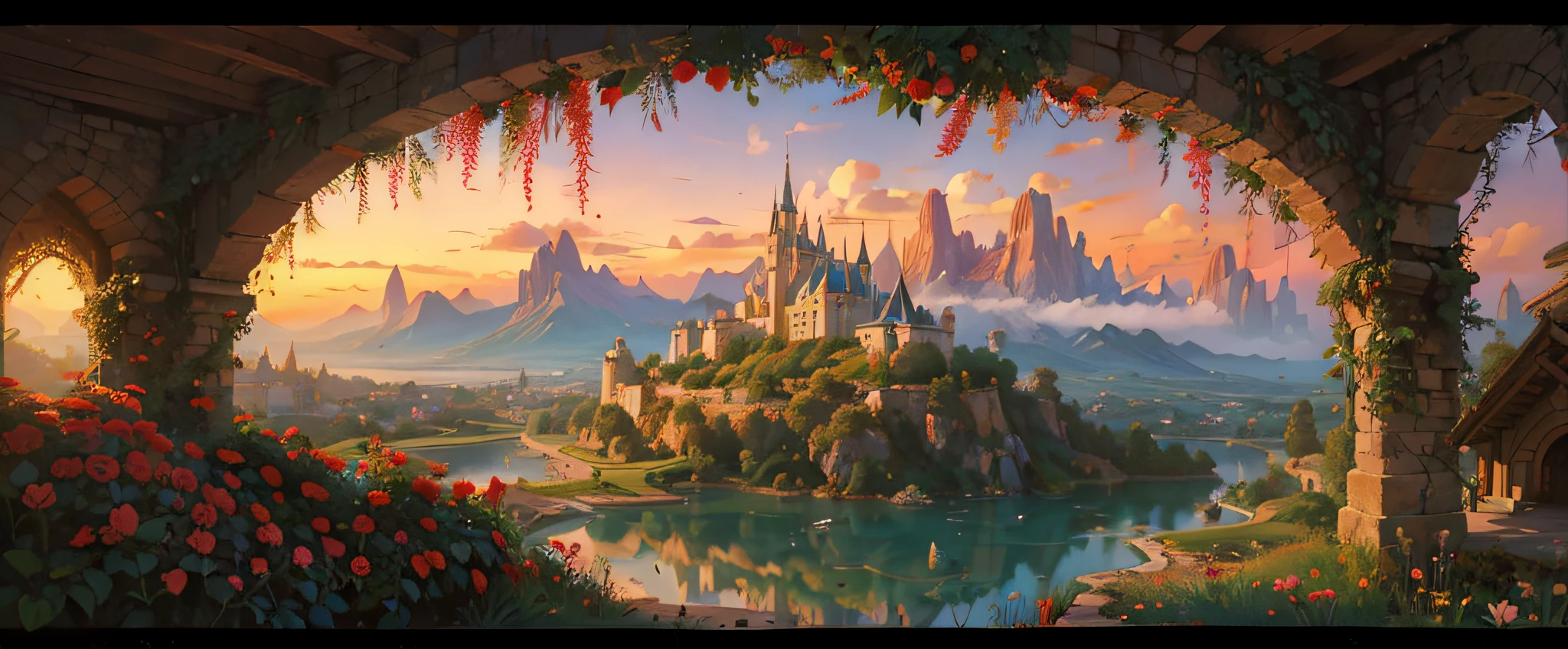 Imagem minimalista de um castelo com rosas vermelhas em primeiro plano, arte disney, Castelo bonito, magic castle, Fundo Disneyland, arte conceitual disney, arte de conto de fadas, pintura de conto de fadas, moldura dourada com rosas vermelhas, fantasia, Greg Hildebrandt altamente detalhado, fantasia arte vitoriana, beautiful render of a fairytale