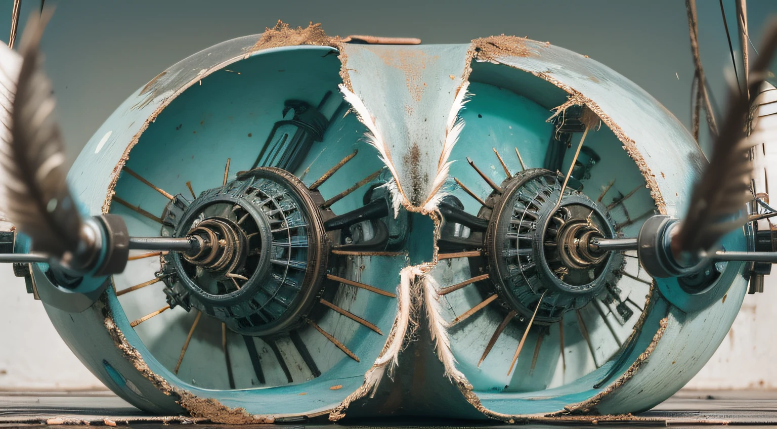 a heavily distorted, low bounce light barren void, multiple object s comprised of contorted feathers/machinery/pipes/rusted components is floating in the air, steel wires are weaving in and out between objects, desaturated teal colored metal paneling, amorphous dark material is being warped and torn into remnants, extra detail, 4kHD details, best resolution, surrealistic composition, extreme camera angle, motion blur, depth of field, foreshortening, tilted camera angle, cinematic lighting, movie scene, precise details, intense details, panoramic image, image within image, INTENSE LENS FLARE