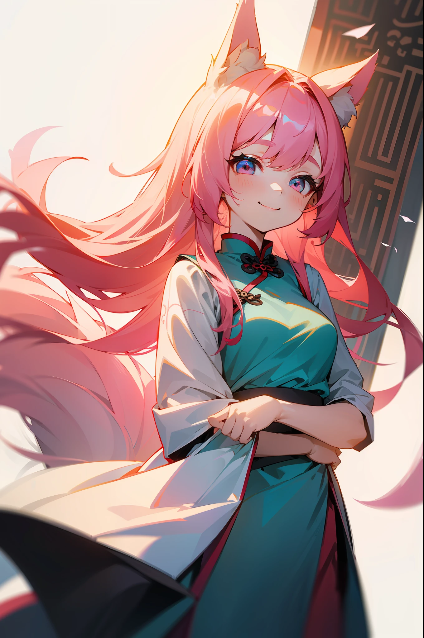 A young girl wearing an intricate traditional Chinese cheongsam,Age 16 years,with pink hair,It has white fox ears and a fluffy white fox tail,Sweet and cute,The smile is bright,Clear eyes,The eyes are light blue,Sit in the attic