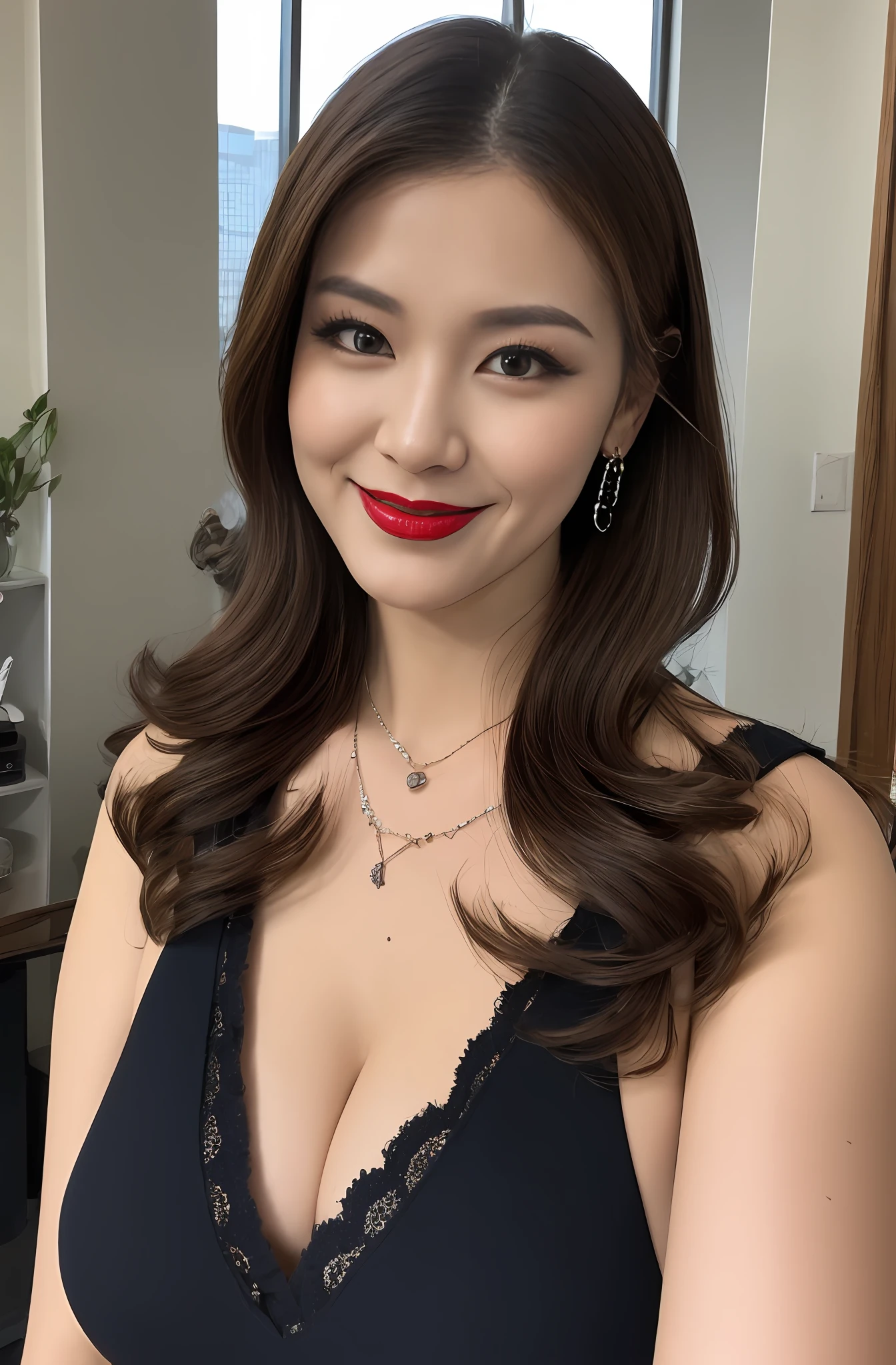 Highly detailed 8k wallpaper), sharp focus, detailed, dramatic, delicate and beautiful Woman, (perky uplifted breasts:1.1), cleavage, chic lace embossed business dress, Half Butterfly Earrings, Double Ring Necklace, (Evil Smile:1.05), (45 years old, : 1.4), (Heavy, Fat Body: 1.4), Makeup, (Lipstick: 1.1), (Eyeliner: 1.2), Mascara, Eyeshadow, Wavy Hair, Dynamic Angle, ( plus size model), (red lips)graphics beautiful, Modern office with a view, wide windows, show your whole body, standing by window,